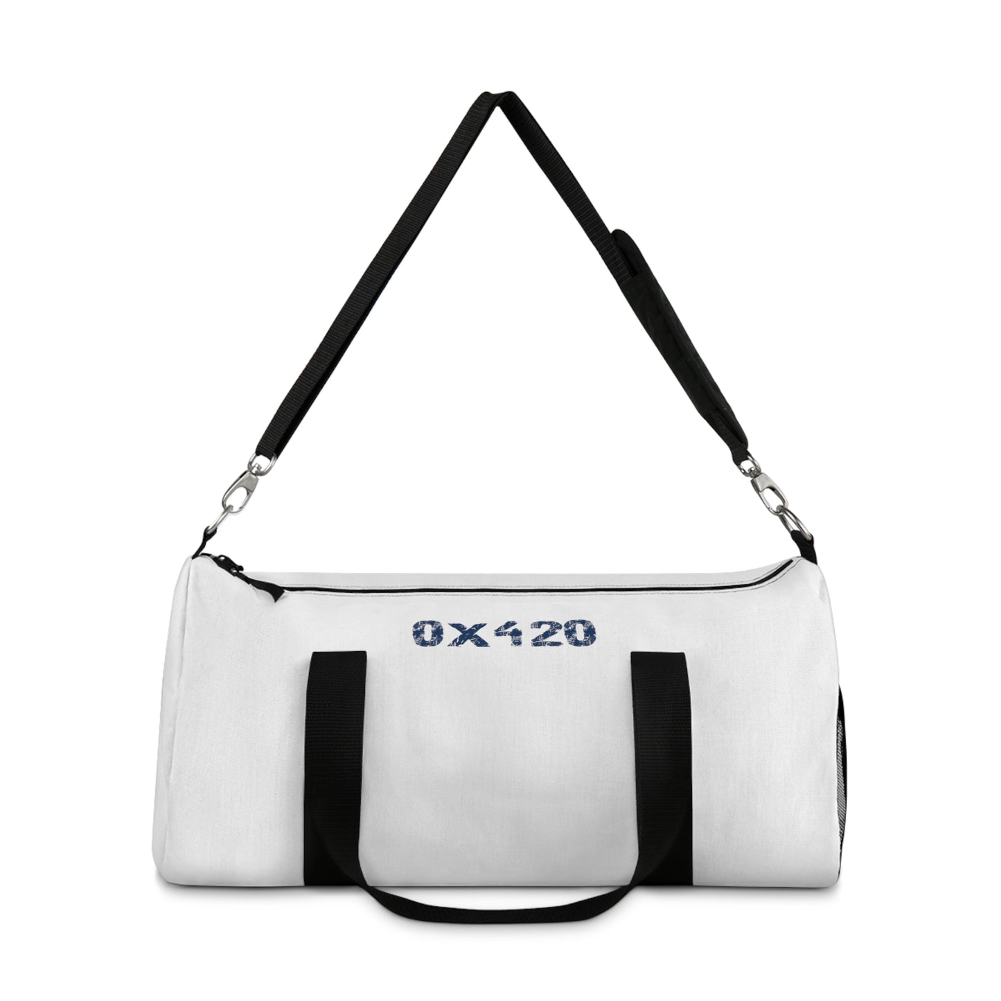 White Duffel Bag COQ INU 0x420 Navy Text by Nifty Funny pun on word logo