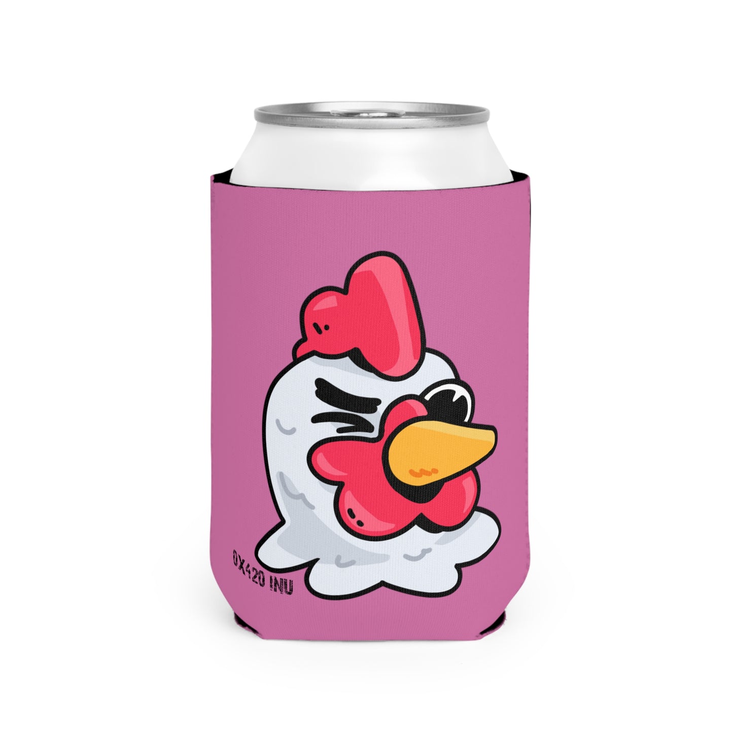 Pink Can Cooler Sleeve Fan Art COQ INU Wink Head 0x420 Black Text by Gravy