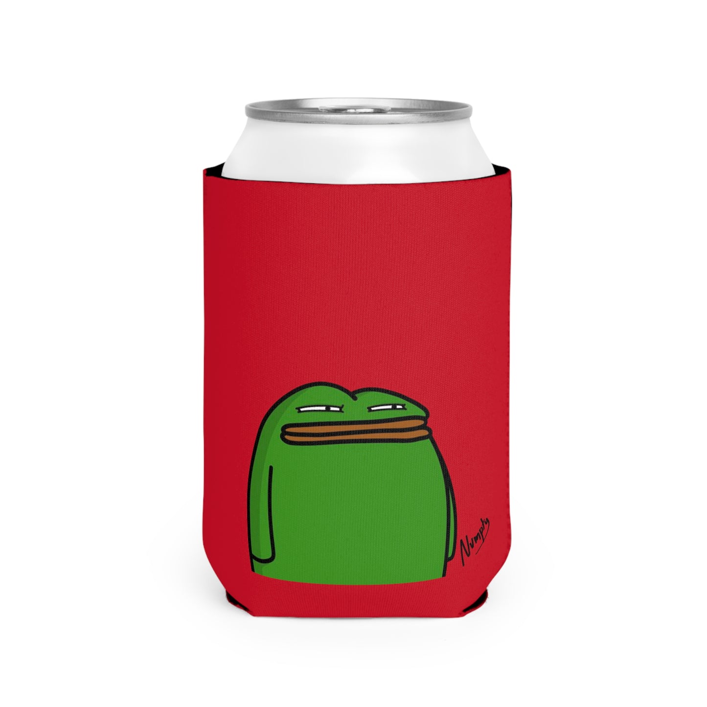 Red Can Cooler Sleeve COQ INU Pepe Portraits 0x420 Black Text Numpty Signature #14 by Numpty