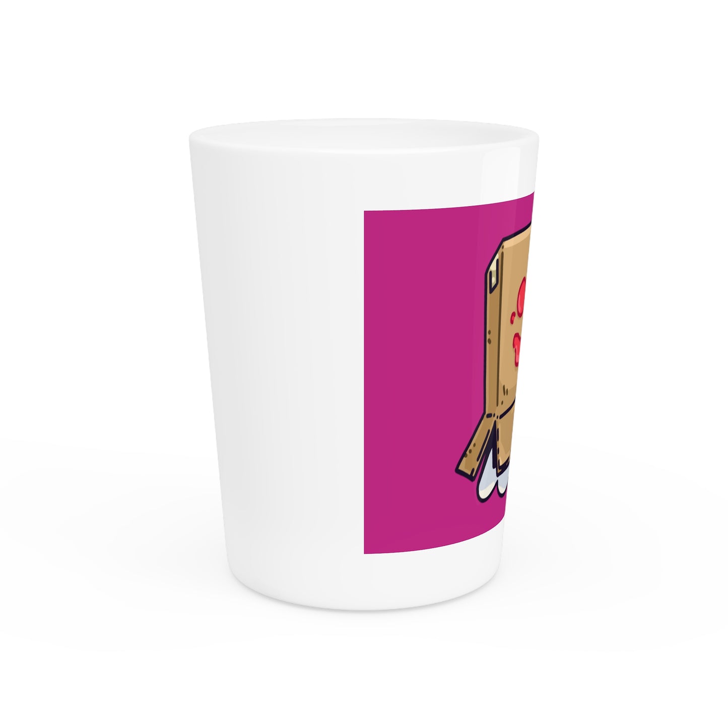 Gravy Fan Art Shot Glass Fan Art COQ Box Head on Hot Pink background (0x420 INU Store)