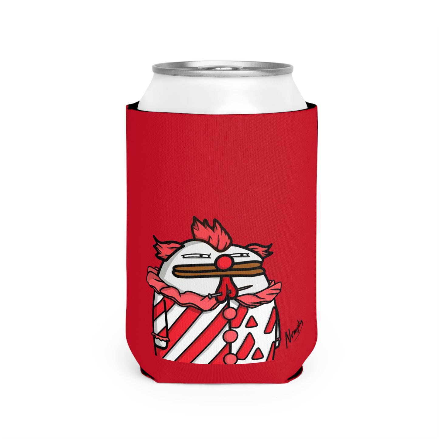 Red Can Cooler Sleeve COQ INU Pepe Portraits 0x420 Black Text Numpty Signature #Clown by Numpty