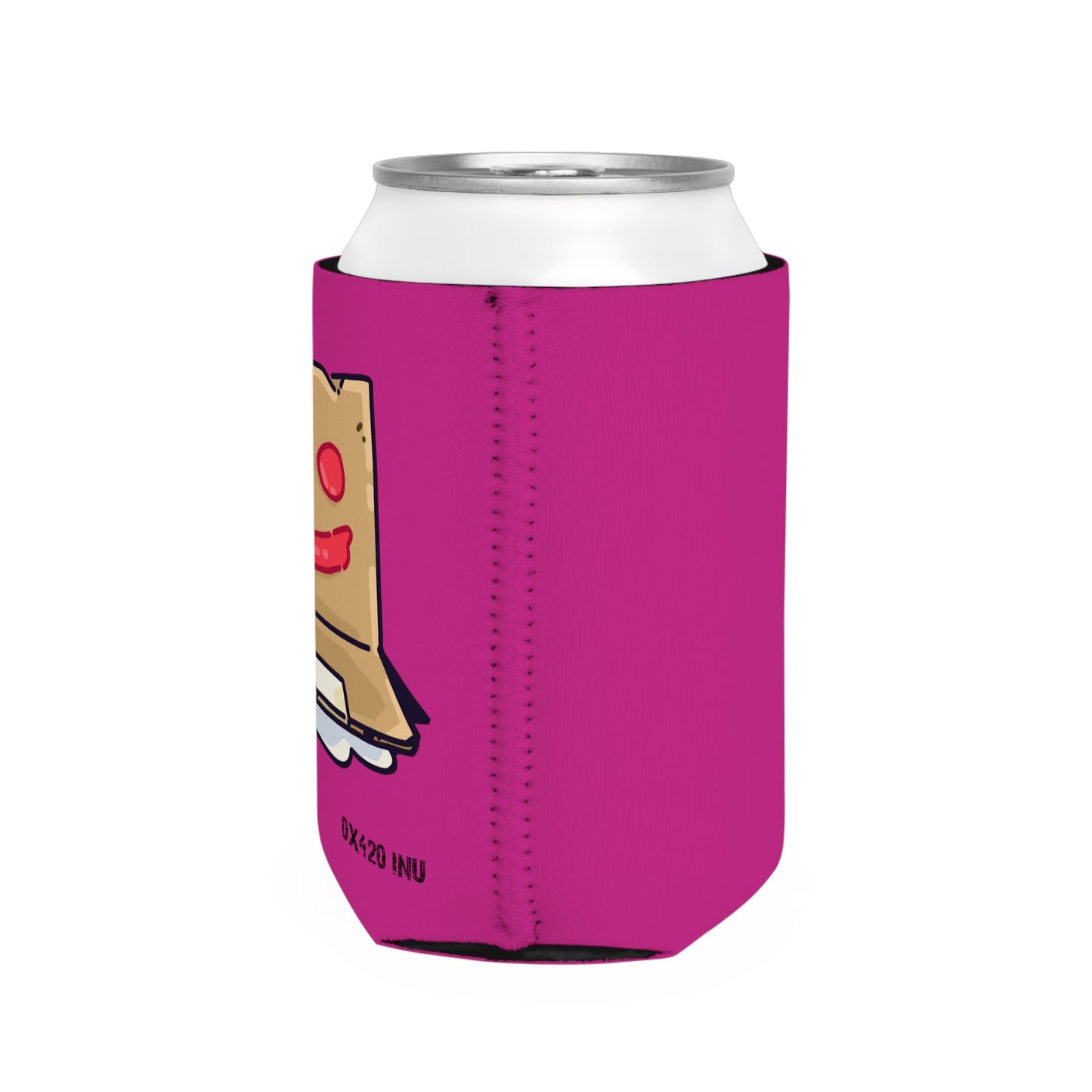 Hot Pink Can Cooler Sleeve Fan Art COQ INU Box Head 0x420 Black Text by Gravy