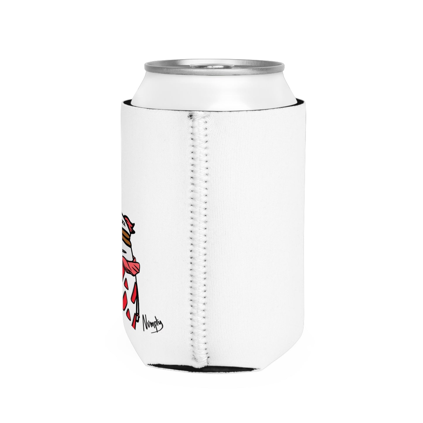 White Can Cooler Sleeve COQ INU Pepe Portraits 0x420 Black Text Numpty Signature #Clown by Numpty