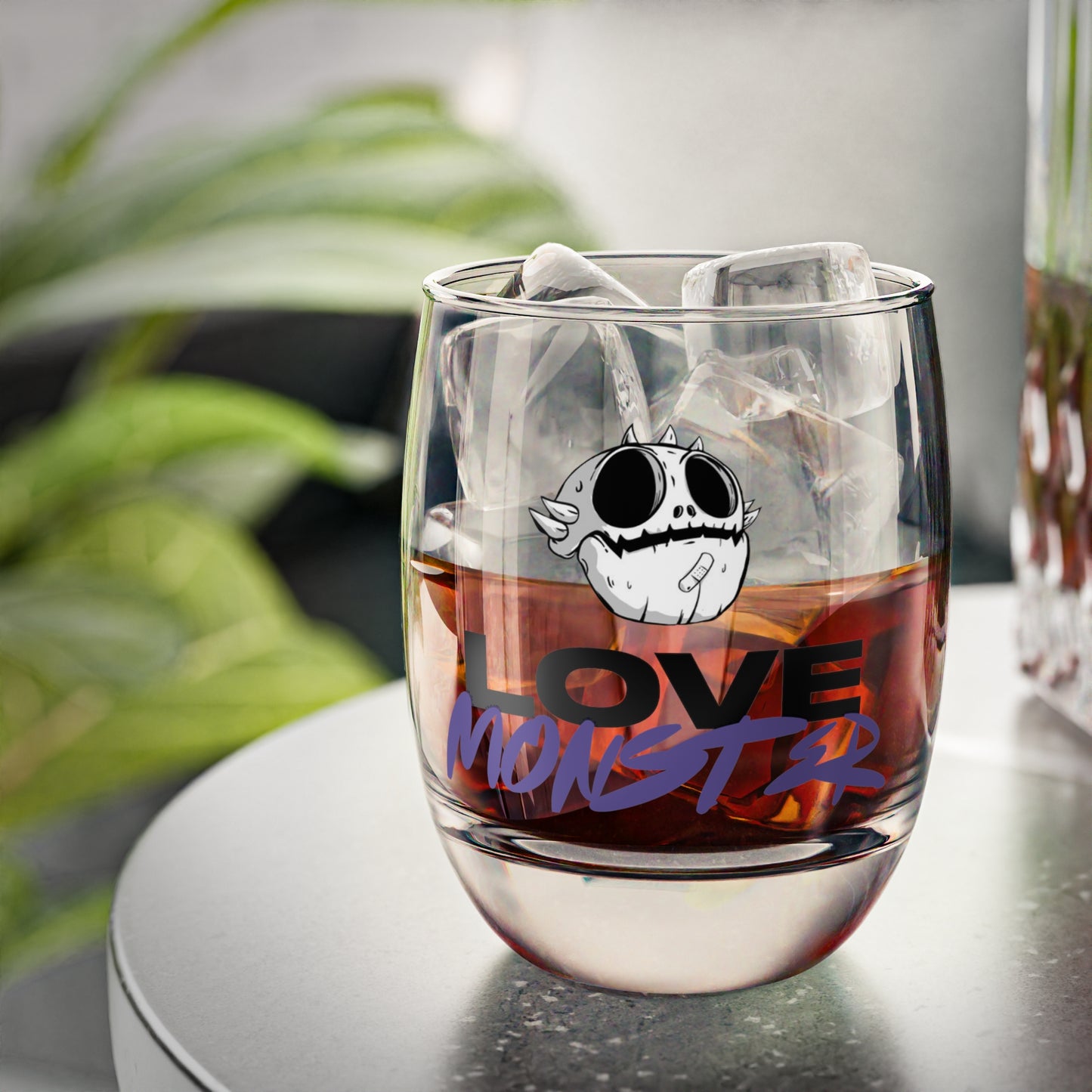 Love Monster Whiskey Glass Logo Text with Skully Head