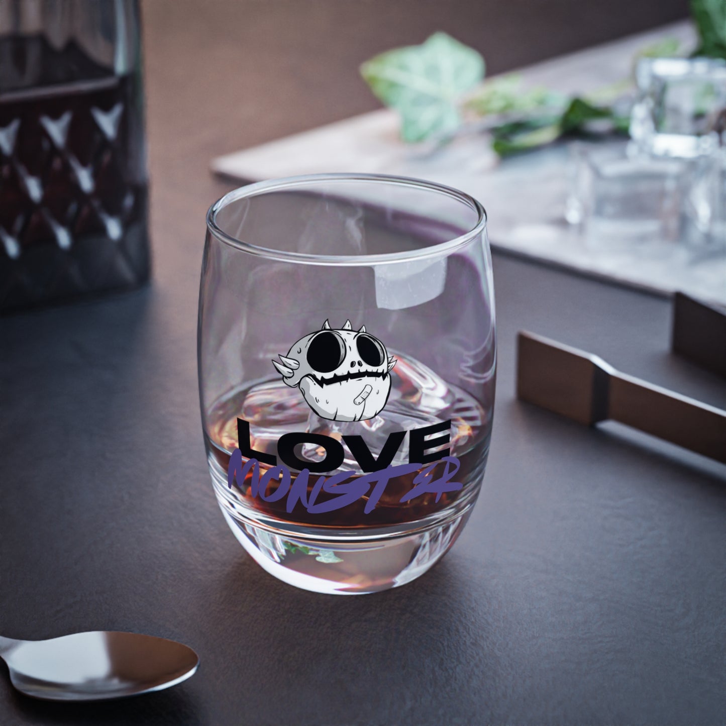 Love Monster Whiskey Glass Logo Text with Skully Head