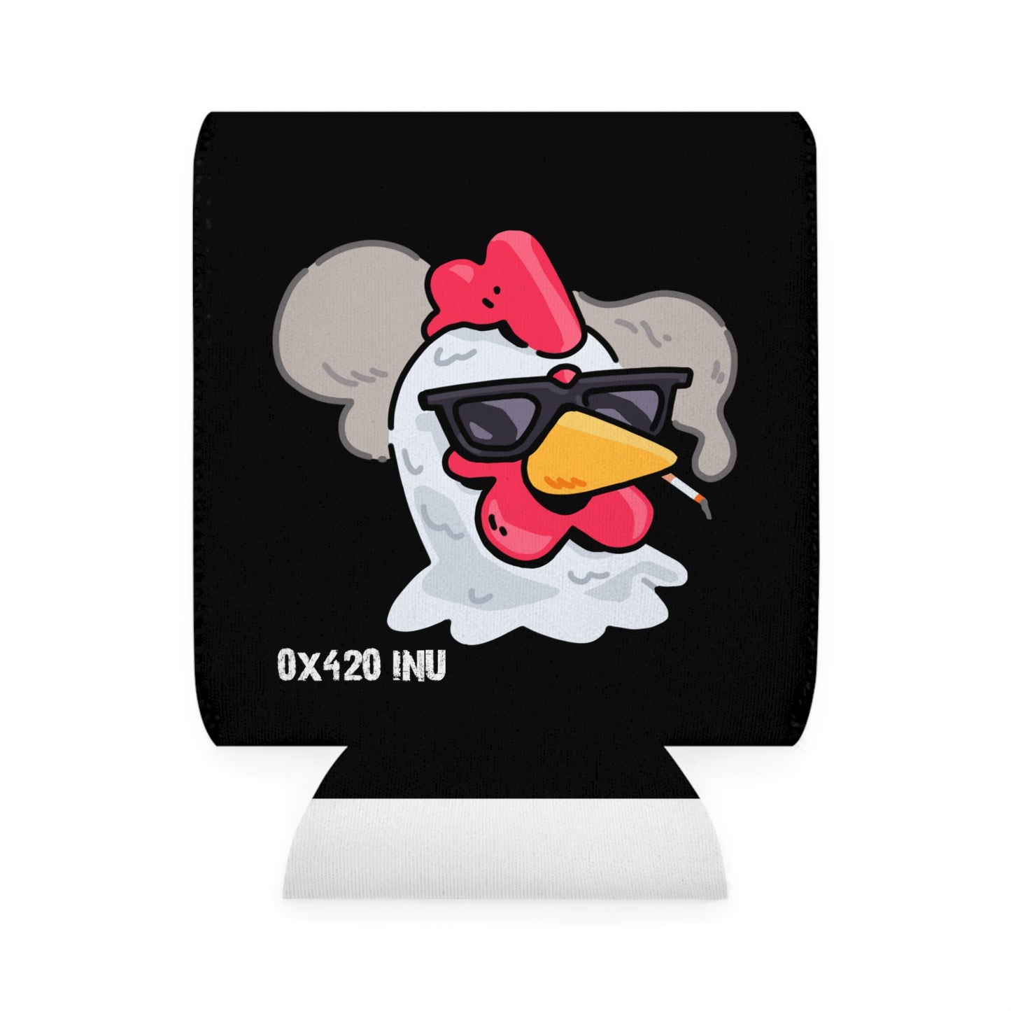 Black Can Cooler Sleeve Fan Art COQ INU Smoking Head 0x420 White Text by Gravy