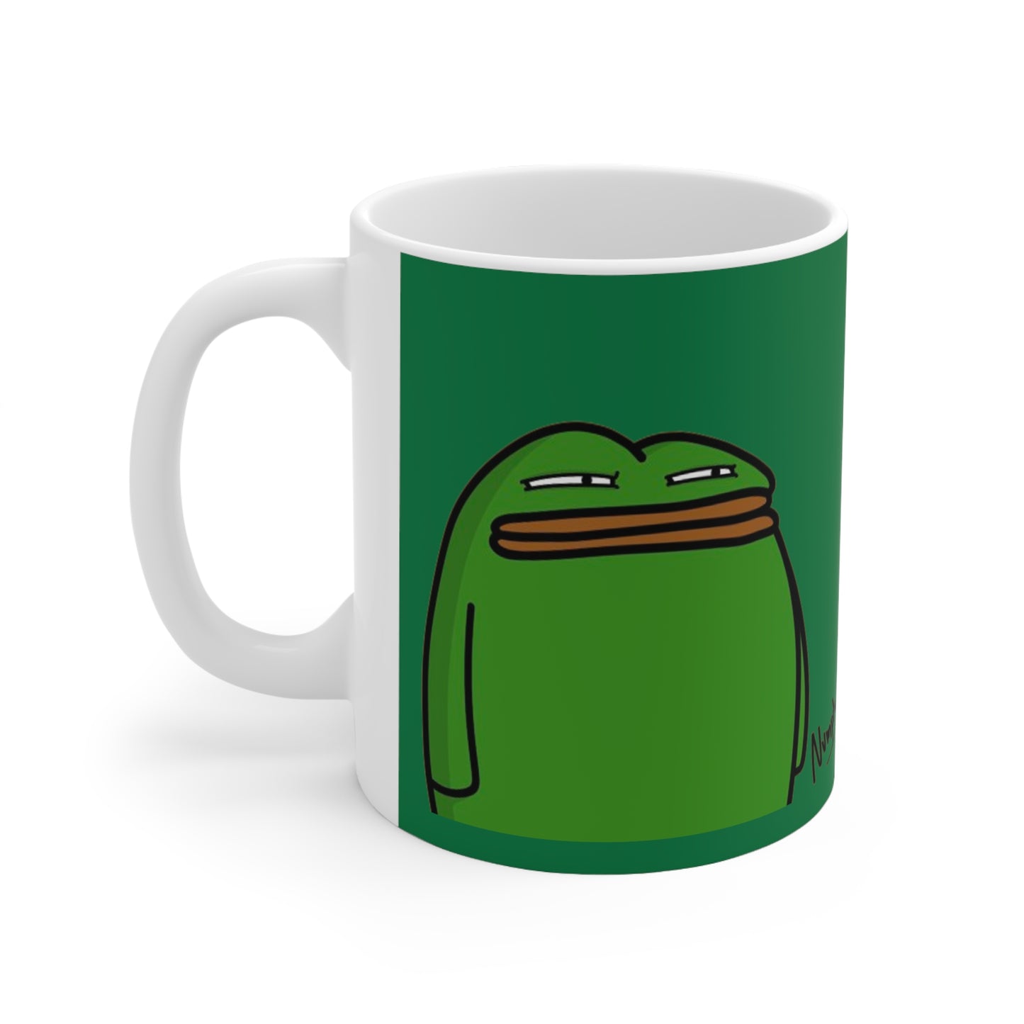 Pepe Portraits with Black Numpty Signature as Text; COQ INU 0x420 Hot Green Ceramic Mug 11oz #14 by Numpty