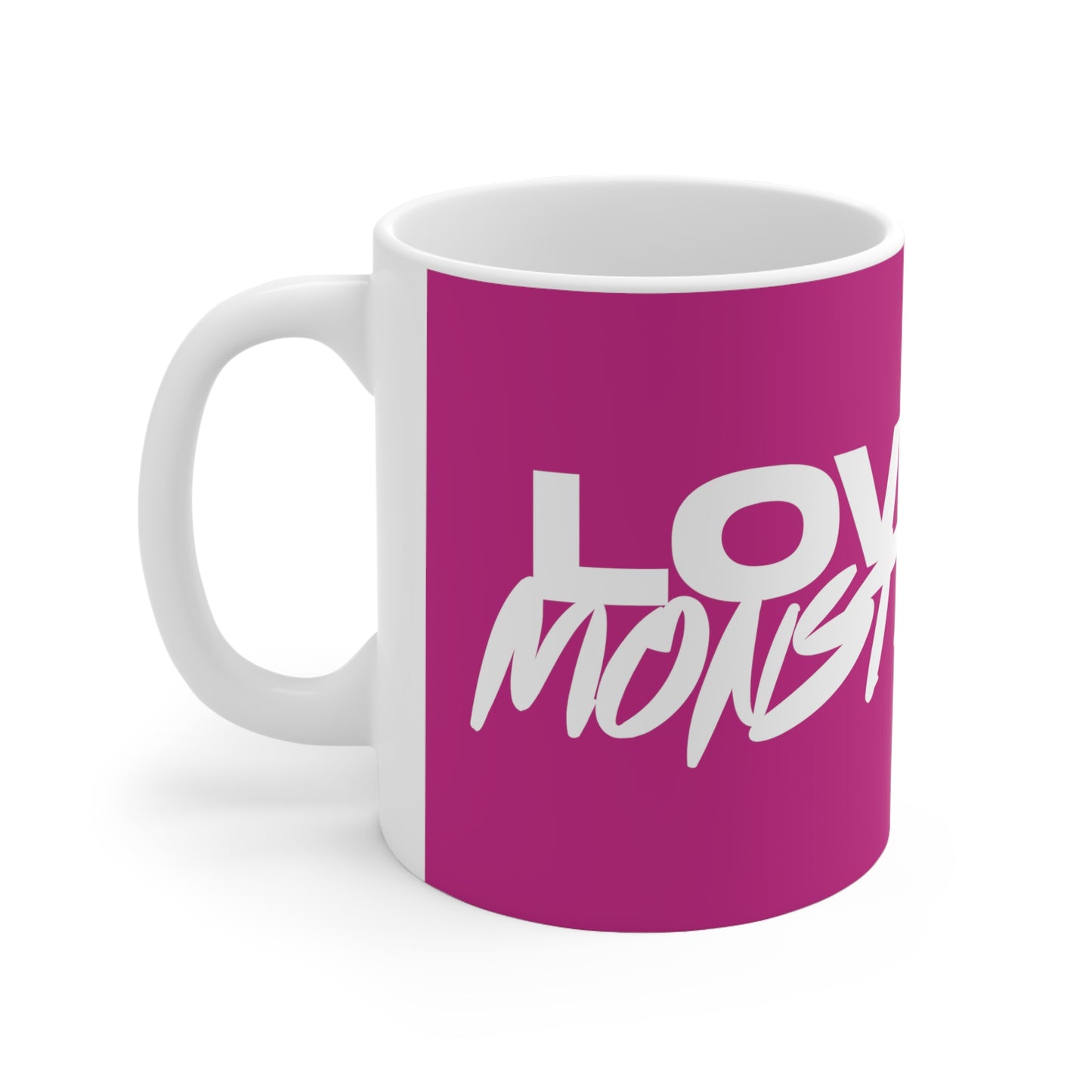 Love Monster Ceramic Mug White Text & White Logo Print 11oz