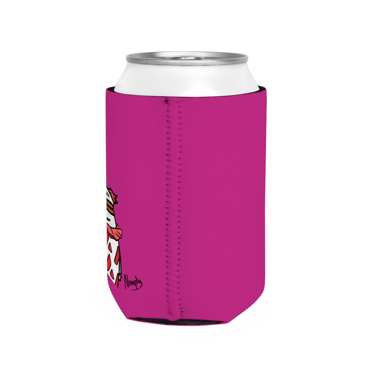 Hot Pink Can Cooler Sleeve COQ INU Pepe Portraits 0x420 Black Text Numpty Signature #Clown by Numpty