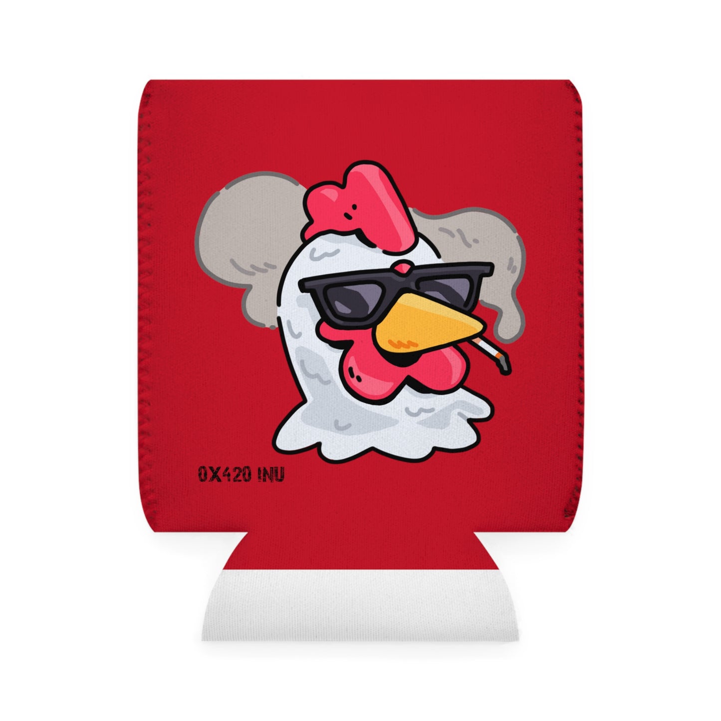 Red Can Cooler Sleeve Fan Art COQ INU Smoking Head 0x420 Black Text by Gravy