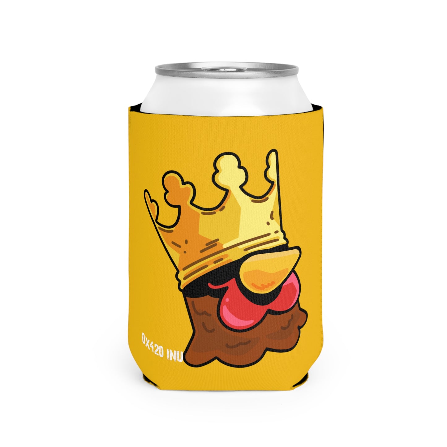 Yellow Can Cooler Sleeve Fan Art COQ INU Crown Head 0x420 White Text by Gravy