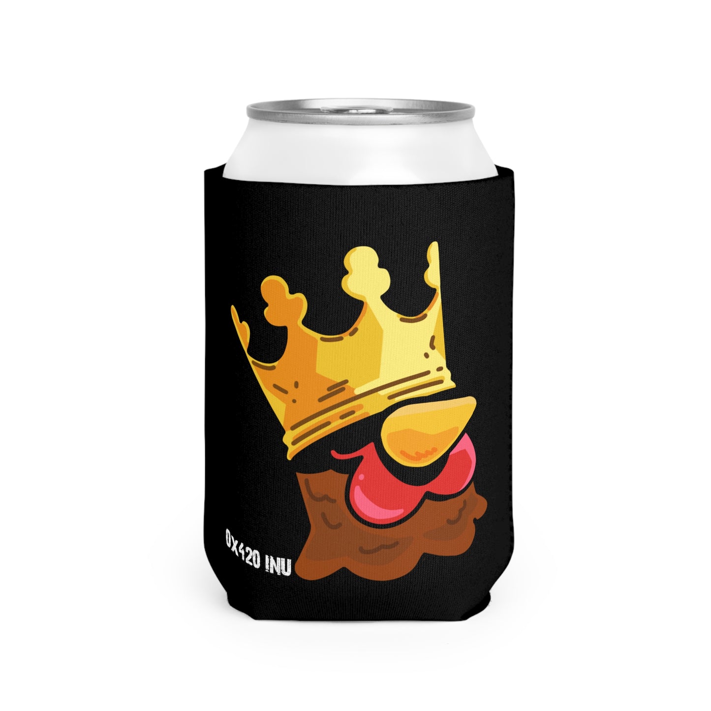 Black Can Cooler Sleeve Fan Art COQ INU Crown Head 0x420 White Text by Gravy