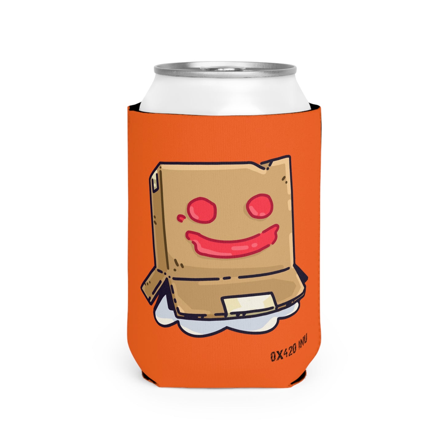 Orange Can Cooler Sleeve Fan Art COQ INU Box Head 0x420 Black Text by Gravy