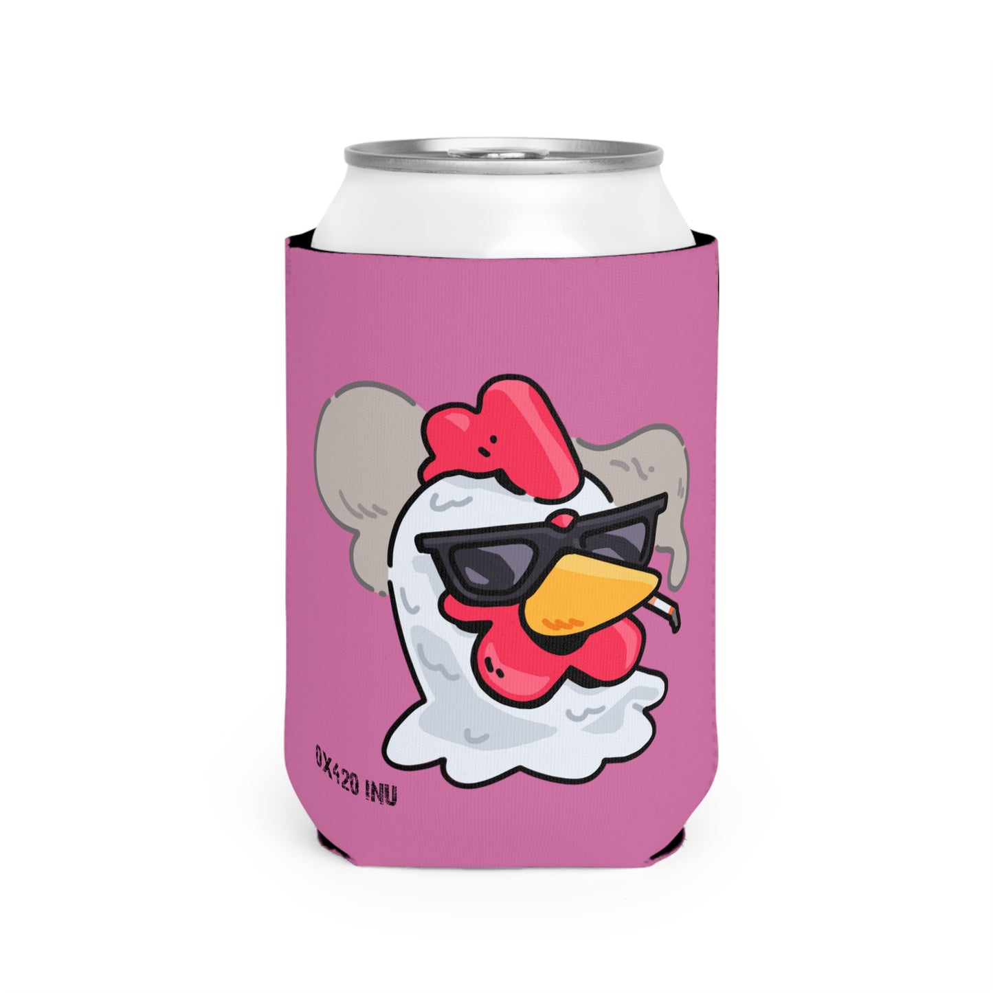 Pink Can Cooler Sleeve Fan Art COQ INU Smoking Head 0x420 Black Text by Gravy