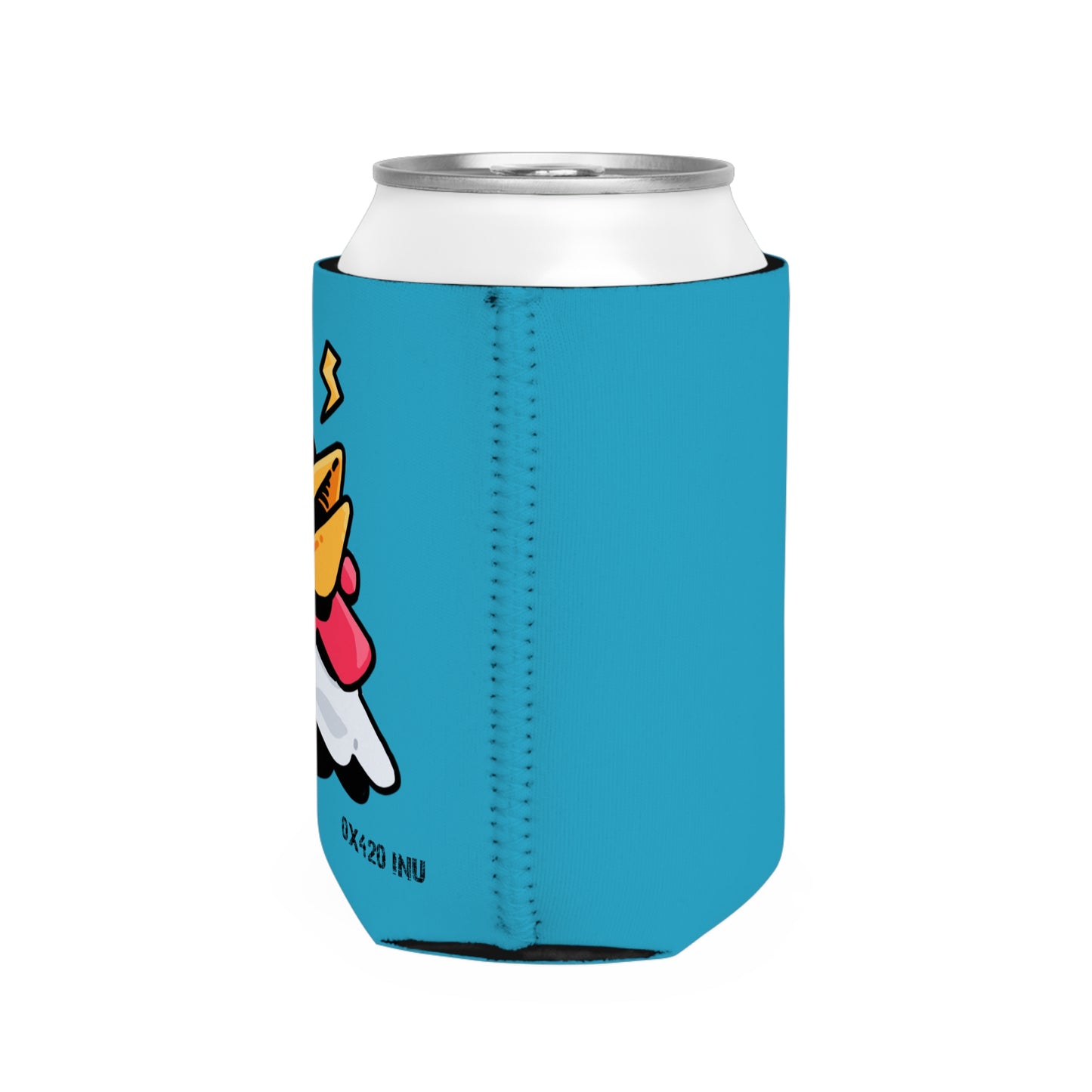 Turquoise Can Cooler Sleeve Fan Art COQ INU Whistle Head 0x420 Black Text by Gravy