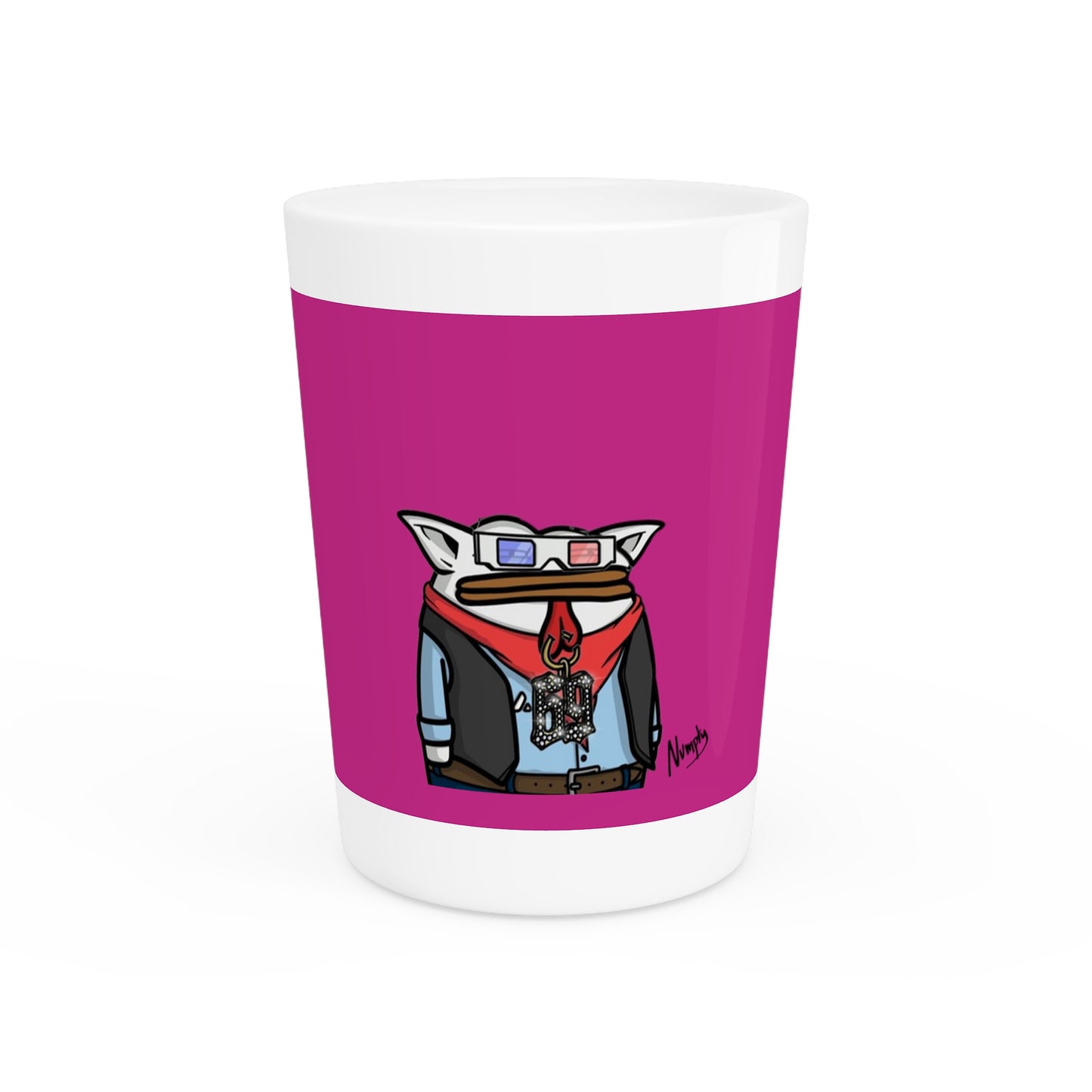 Pepe Portraits Shot Glass on Hot Pink background with Black Numpty Text as signature (0x420 INU Store) # 69 Accessory