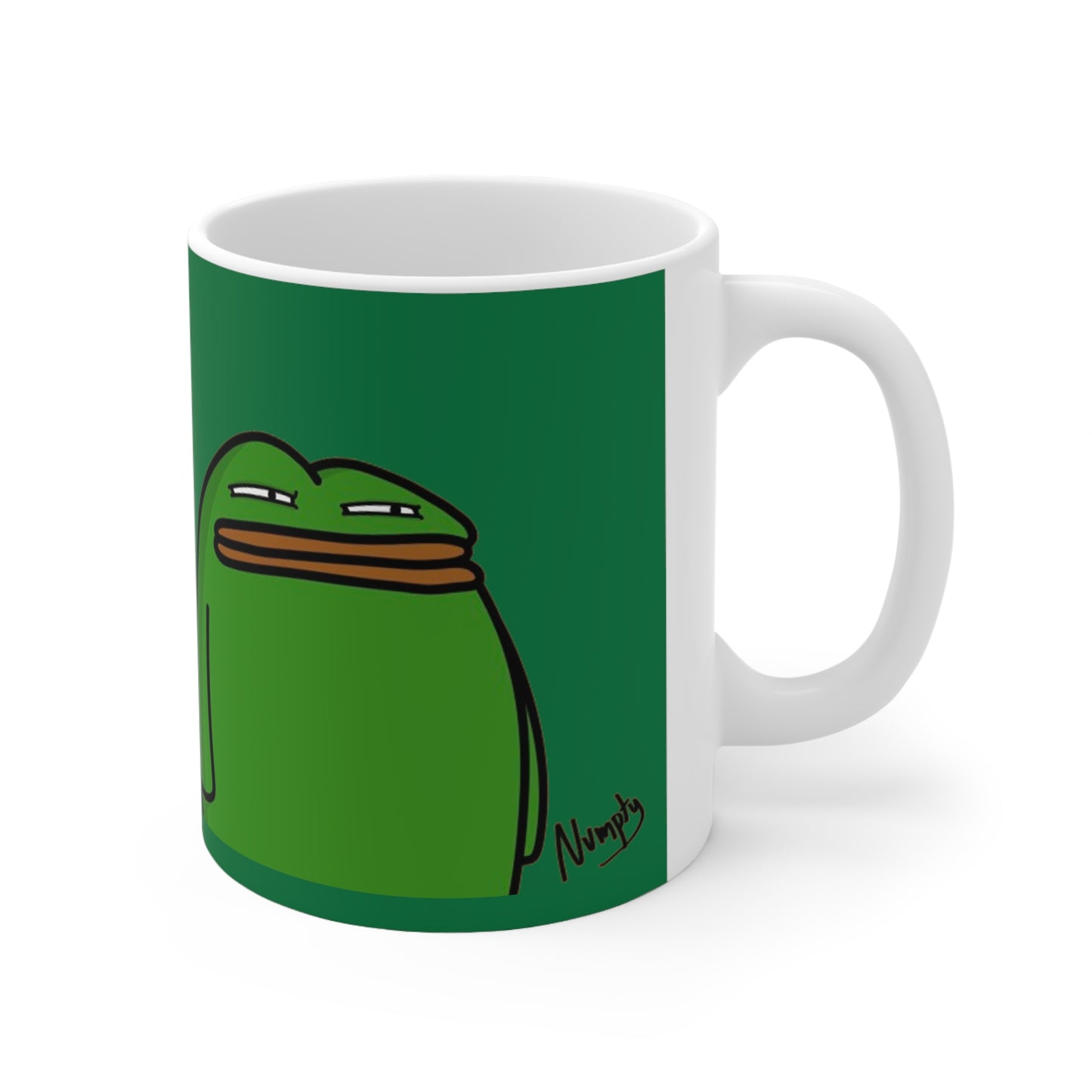 Pepe Portraits with Black Numpty Signature as Text; COQ INU 0x420 Hot Green Ceramic Mug 11oz #14 by Numpty