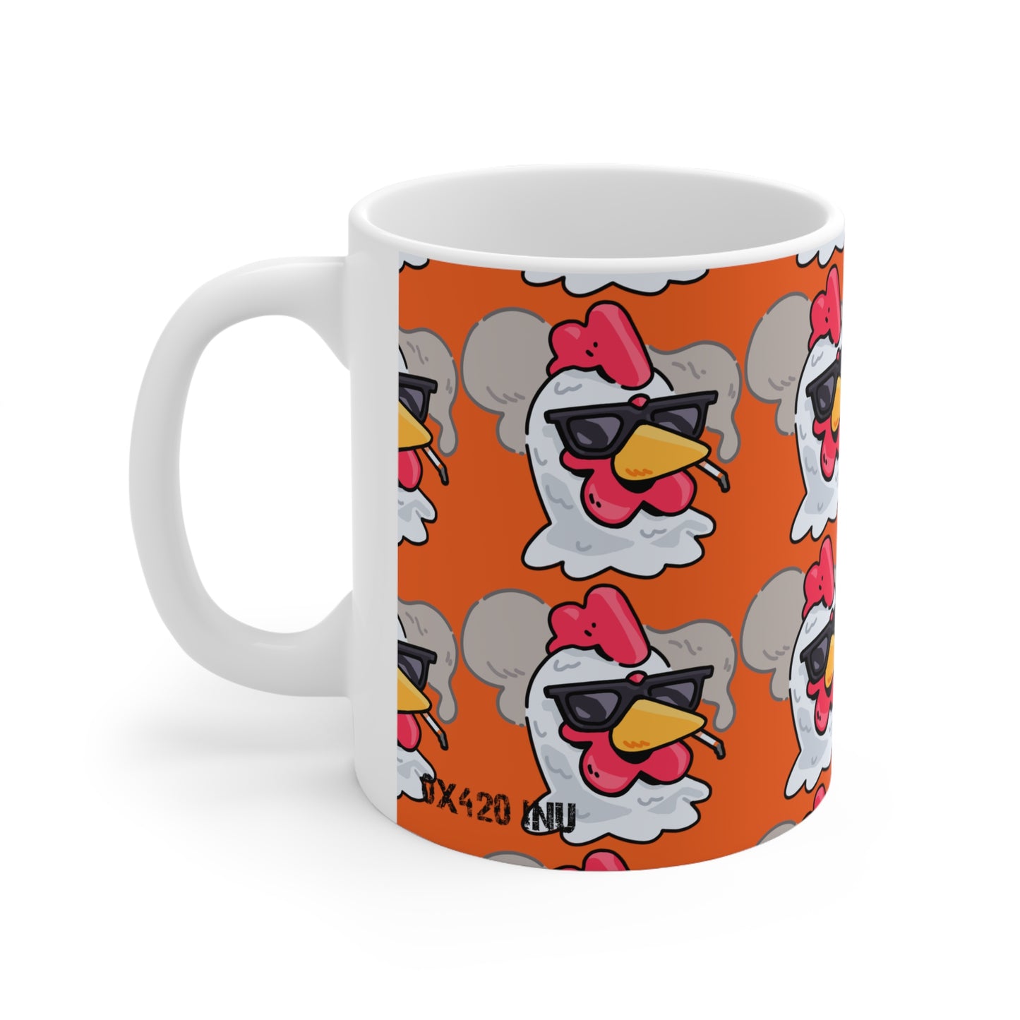 Smoking Head Fan Art with Black Text; COQ INU 0x420 White Ceramic Mug Orange Gravy Print 11oz