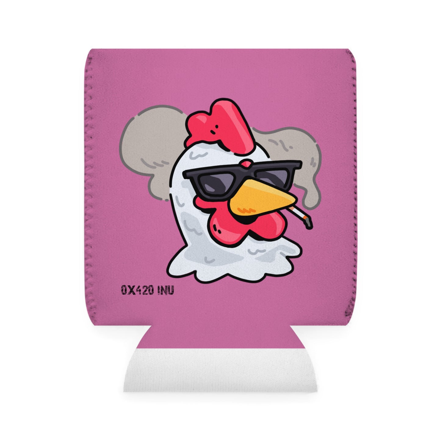 Pink Can Cooler Sleeve Fan Art COQ INU Smoking Head 0x420 Black Text by Gravy