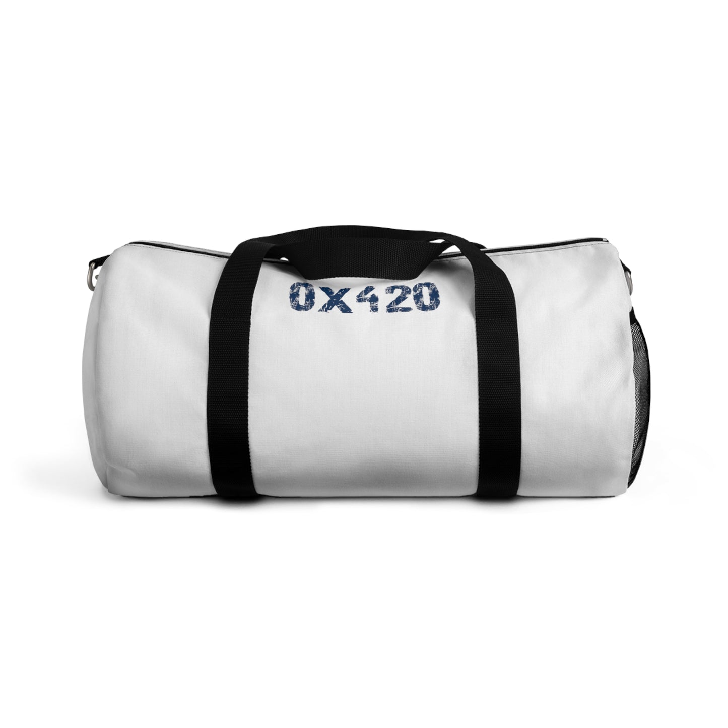 White Duffel Bag COQ INU 0x420 Navy Text by Nifty Funny pun on word logo