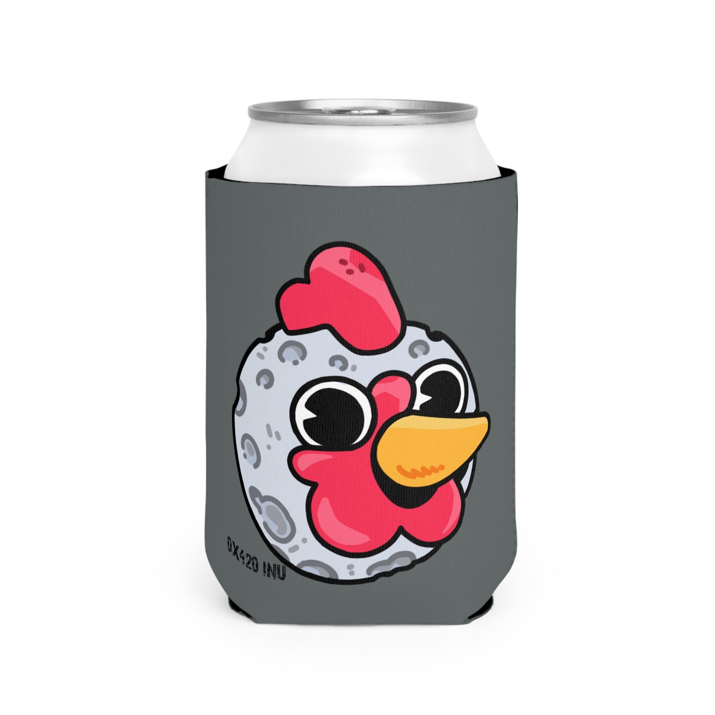 Dark Grey Can Cooler Sleeve Fan Art COQ INU Moon Head 0x420 Black Text by Gravy