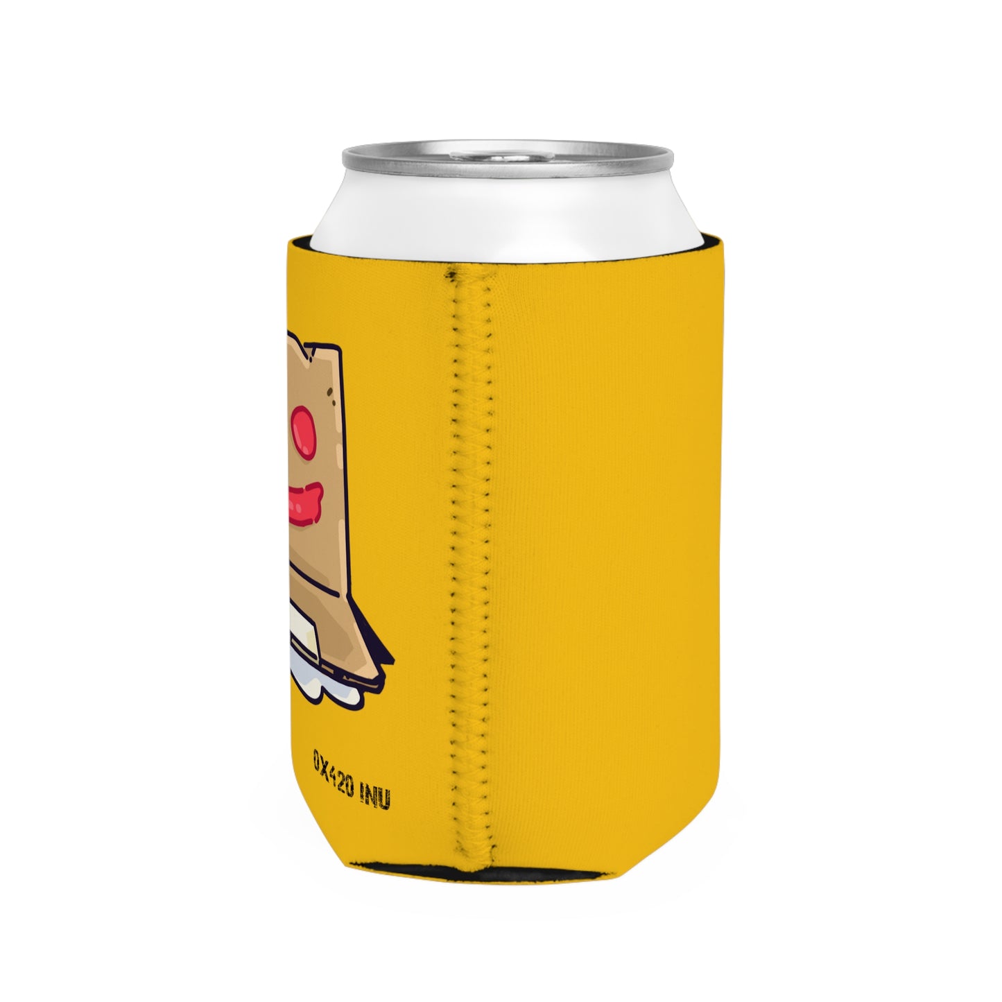 Yellow Can Cooler Sleeve Fan Art COQ INU Box Head 0x420 Black Text by Gravy