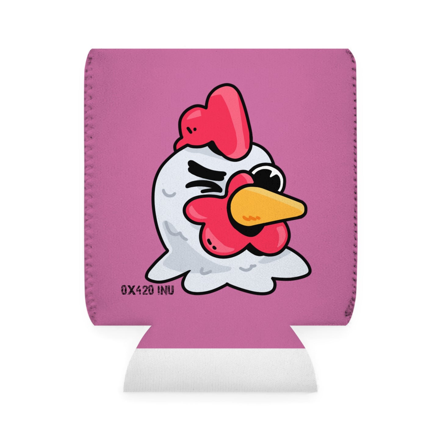 Pink Can Cooler Sleeve Fan Art COQ INU Wink Head 0x420 Black Text by Gravy