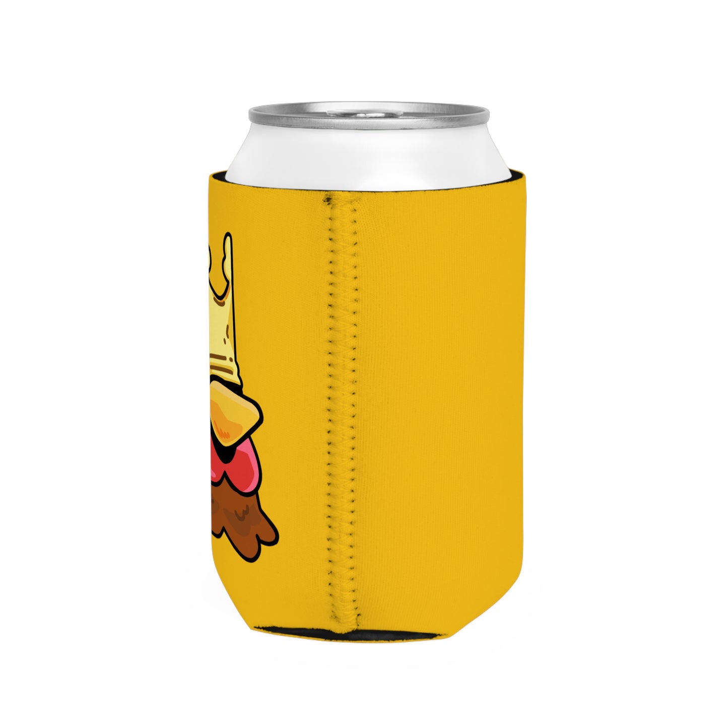 Yellow Can Cooler Sleeve Fan Art COQ INU Crown Head 0x420 White Text by Gravy