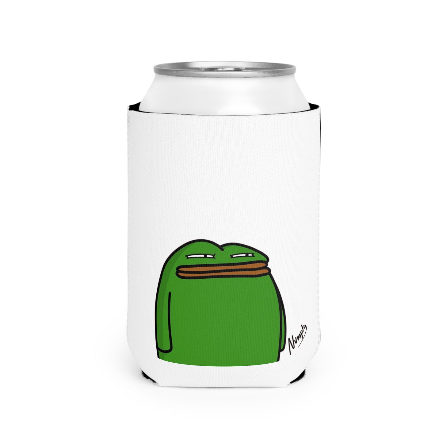 White Can Cooler Sleeve COQ INU Pepe Portraits 0x420 Black Text Numpty Signature #14 by Numpty