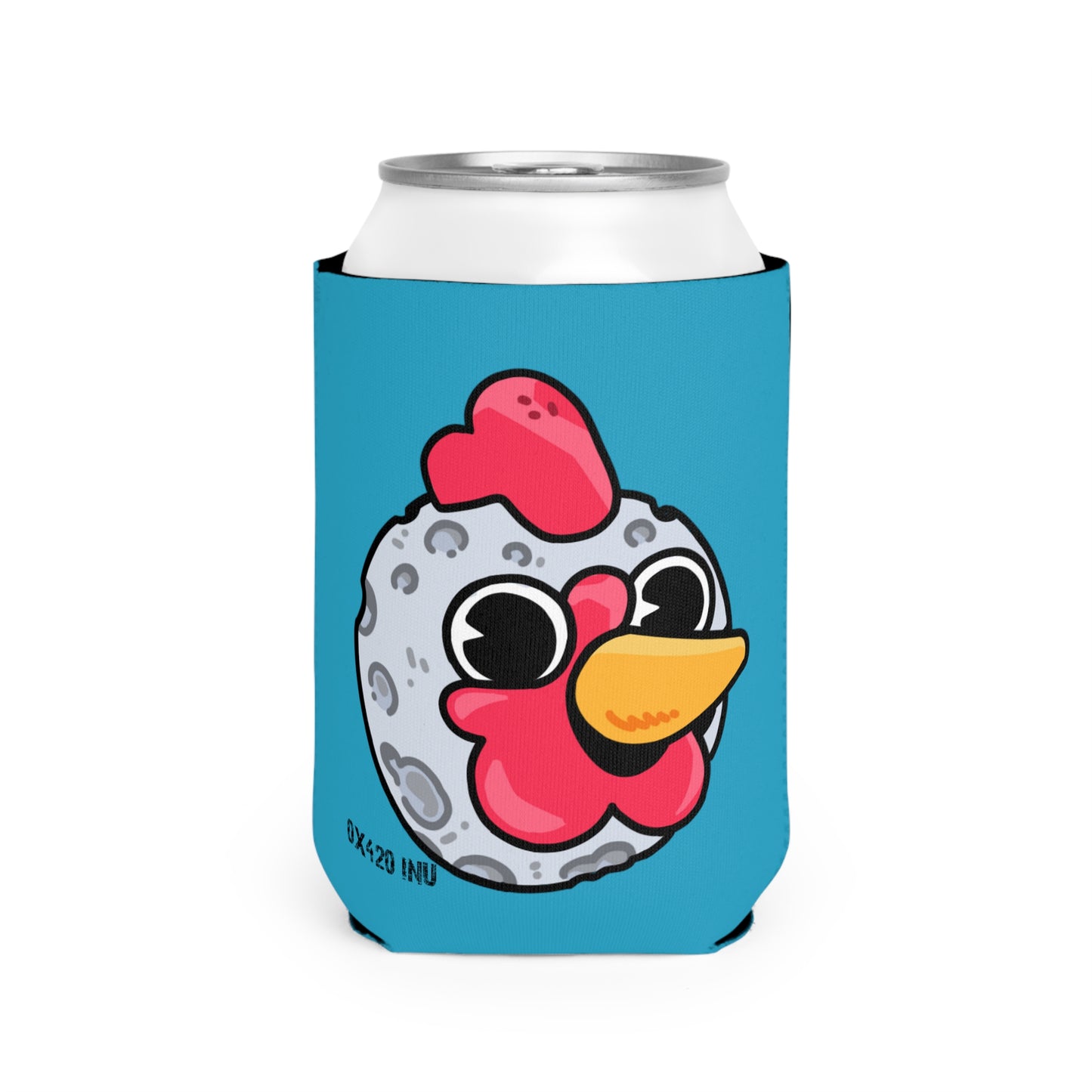 Turquoise Can Cooler Sleeve Fan Art COQ INU Moon Head 0x420 Black Text by Gravy