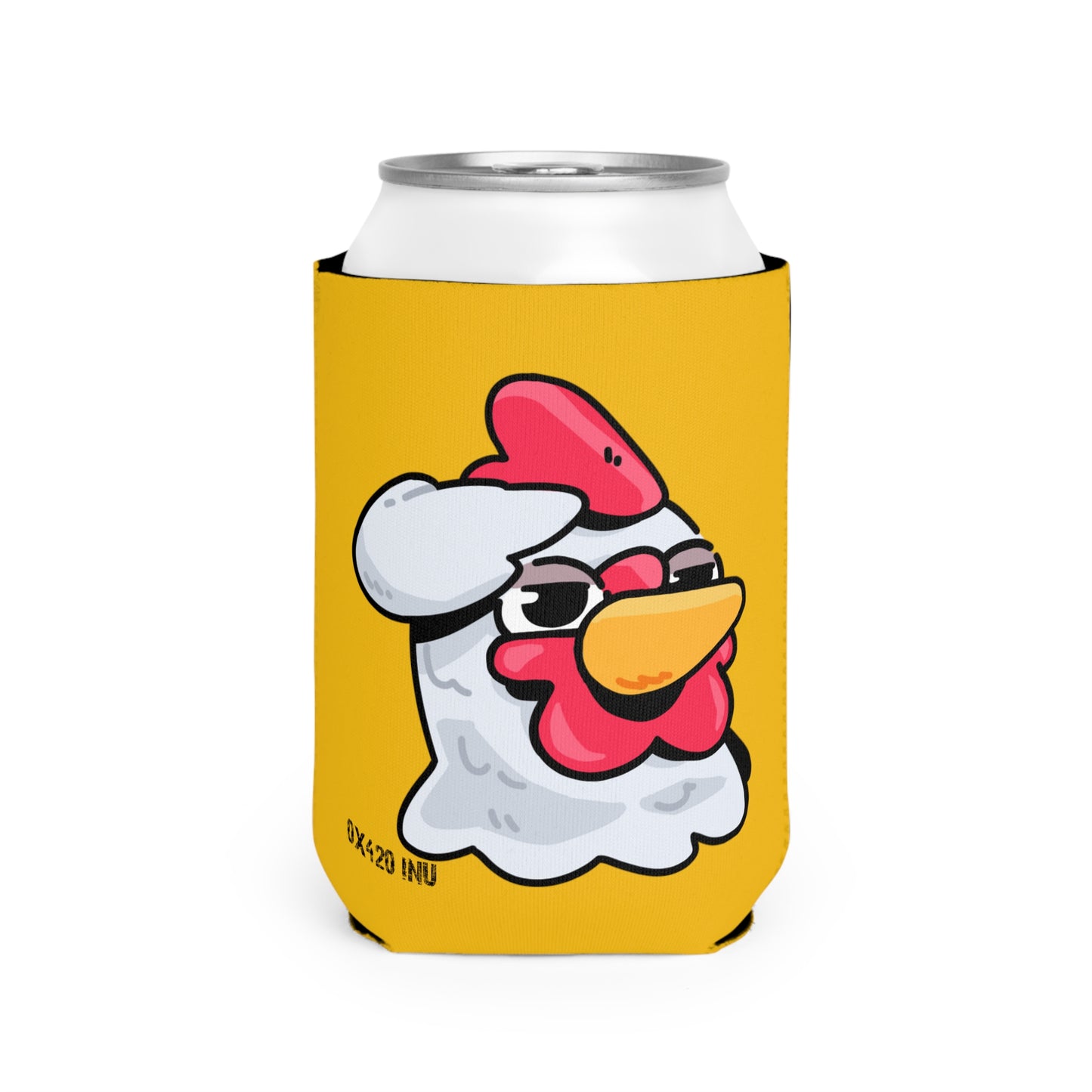 Yellow Can Cooler Sleeve Fan Art COQ INU Salute Head 0x420 Black Text by Gravy