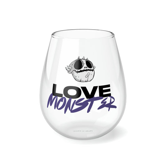 Love Monster Stemless Wine Glass, 11.75oz Logo Text with Skully Head