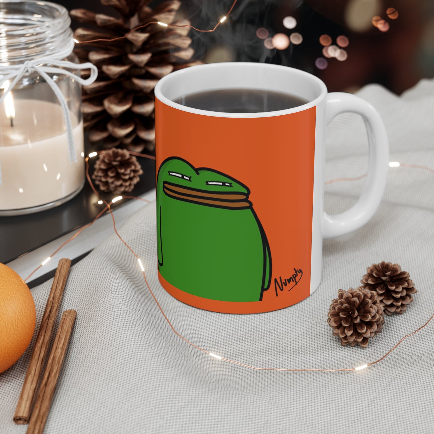 Pepe Portraits with Black Numpty Signature as Text; COQ INU 0x420 Orange Print Ceramic Mug 11oz #14 by Numpty