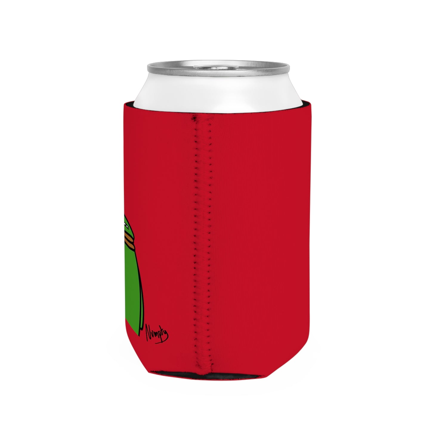 Red Can Cooler Sleeve COQ INU Pepe Portraits 0x420 Black Text Numpty Signature #14 by Numpty