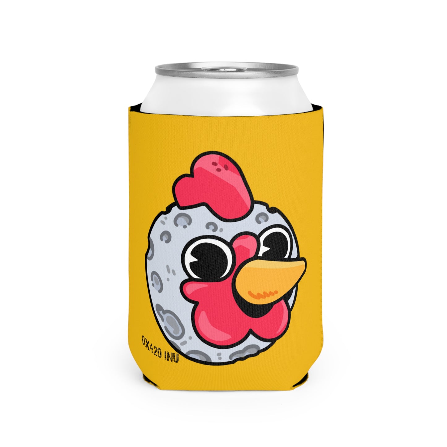 Yellow Can Cooler Sleeve Fan Art COQ INU Moon Head 0x420 Black Text by Gravy