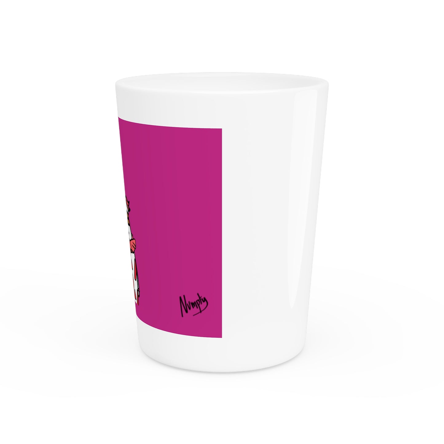 Pepe Portraits Shot Glass on Hot Pink background with Black Numpty Text as signature (0x420 INU Store) #Clown by Numpty