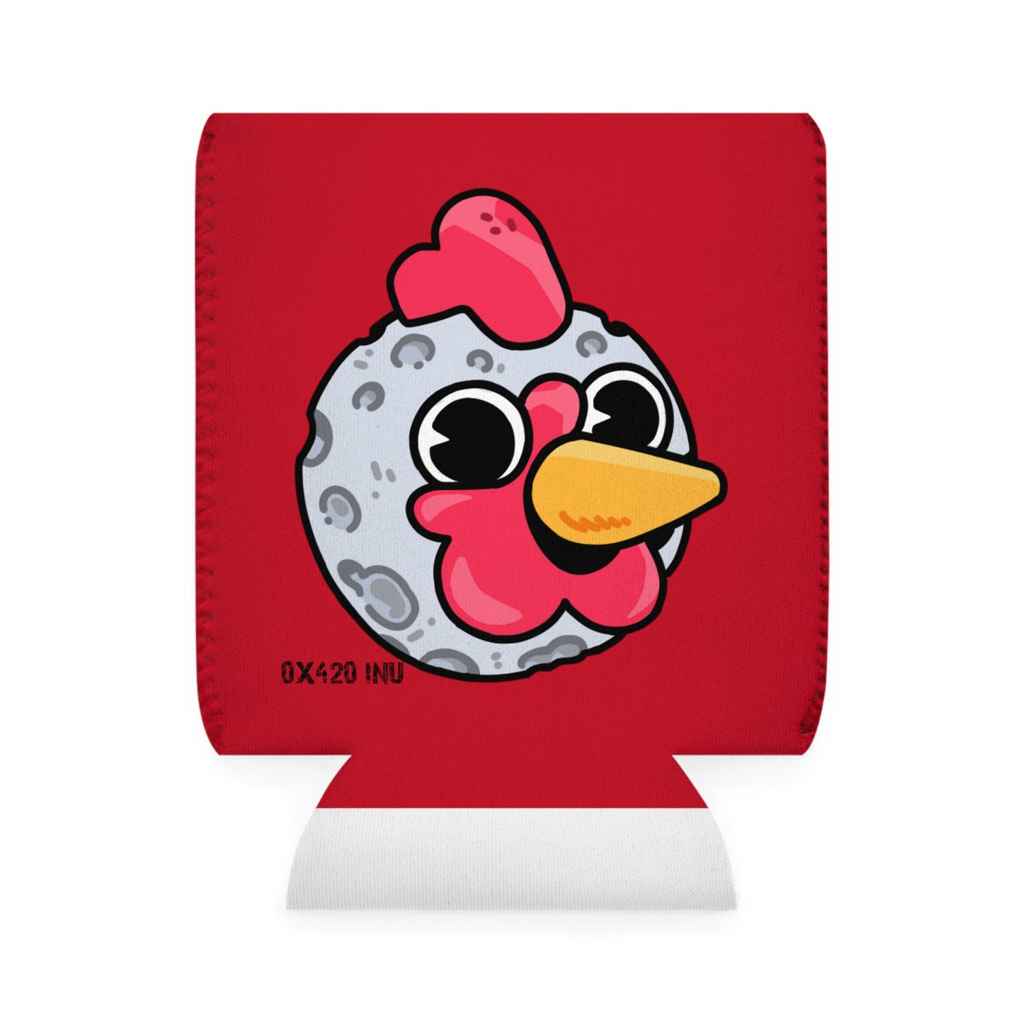 Red Can Cooler Sleeve Fan Art COQ INU Moon Head 0x420 Black Text by Gravy