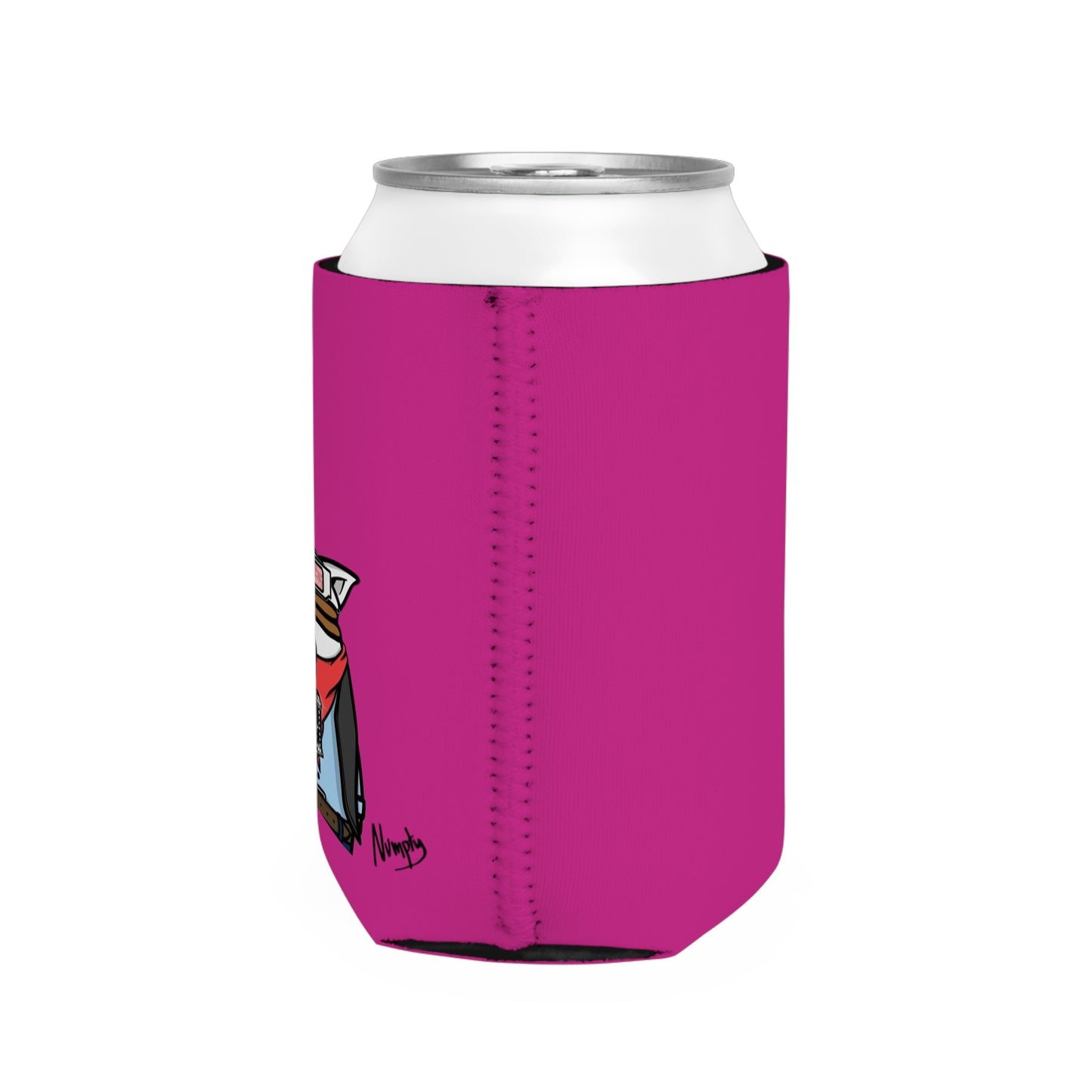 Hot Pink Can Cooler Sleeve Pepe Portraits, (COQ INU 0x420) Black Text Numpty Signature # 69 Accessory