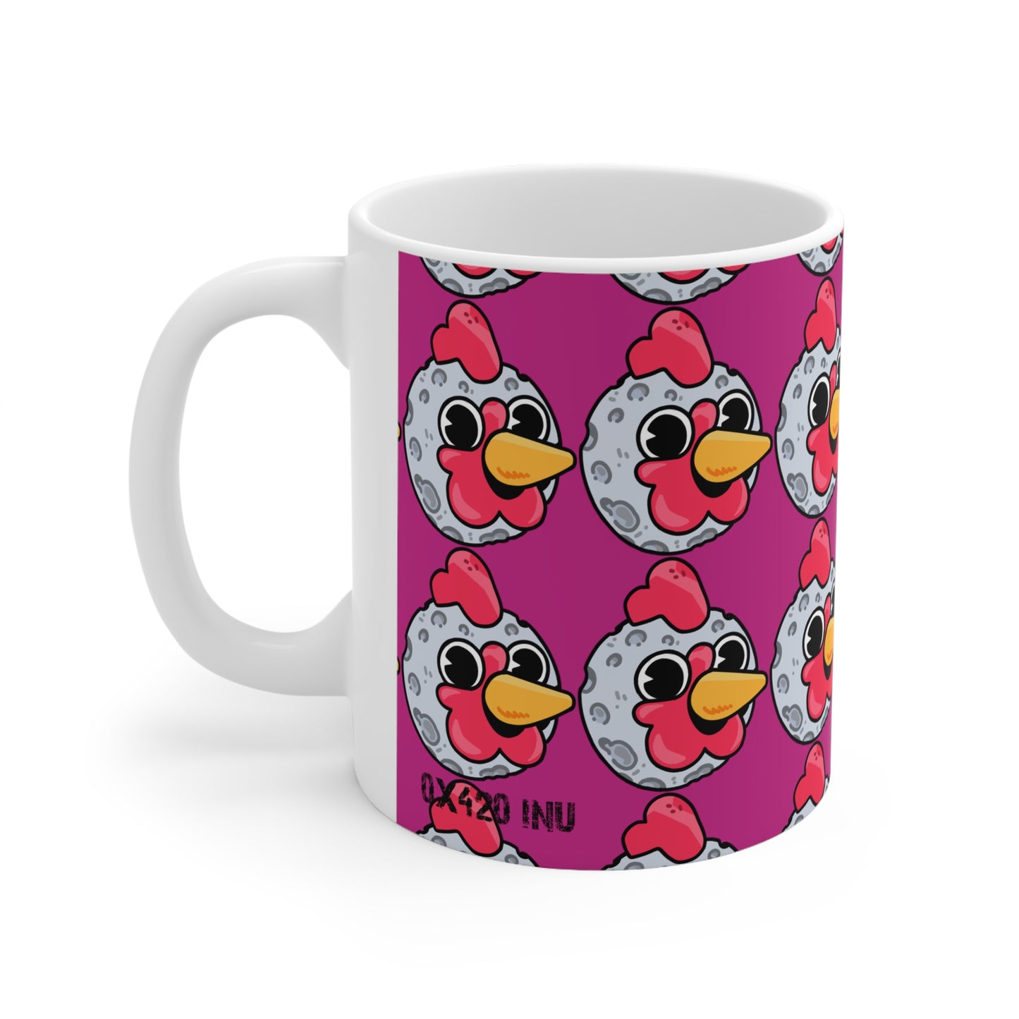 Moon Head Gravy Fan Art with Black Text; COQ INU 0x420 White Ceramic Mug with Hot Pink Print 11oz