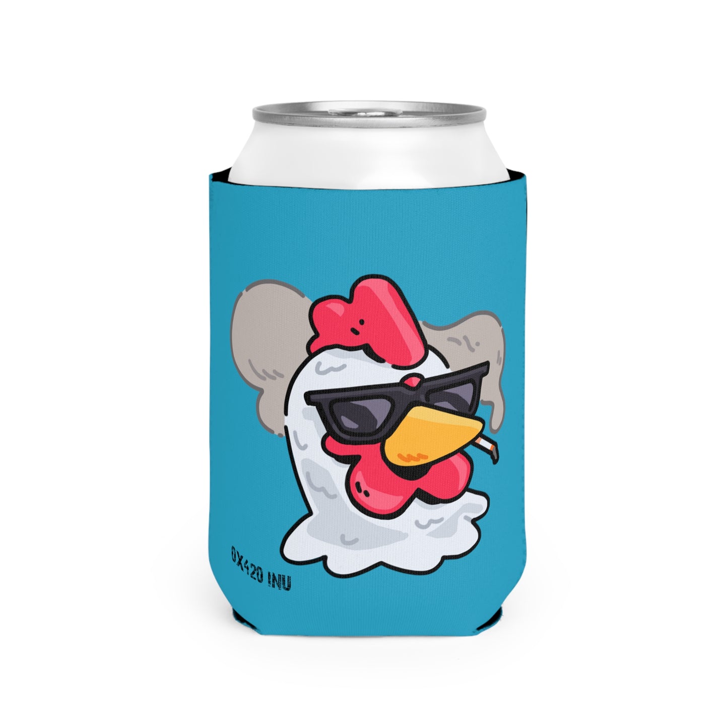 Turquoise Can Cooler Sleeve Fan Art COQ INU Smoking Head 0x420 Black Text by Gravy