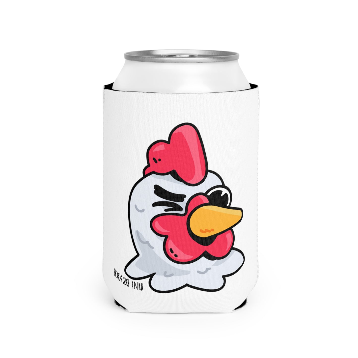 White Can Cooler Sleeve Fan Art COQ INU Wink Head 0x420 Black Text by Gravy