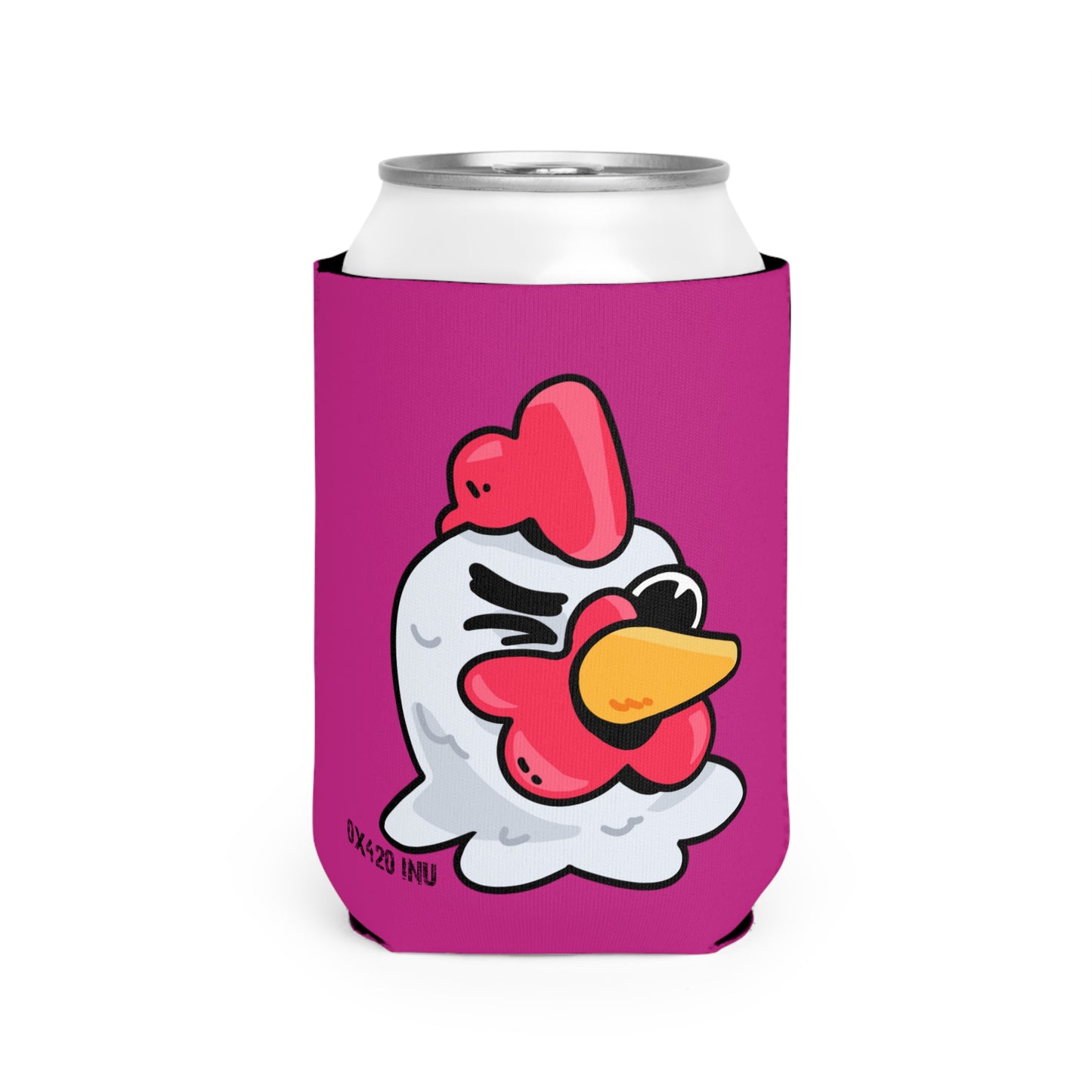 Hot Pink Can Cooler Sleeve Fan Art COQ INU Wink Head 0x420 Black Text by Gravy