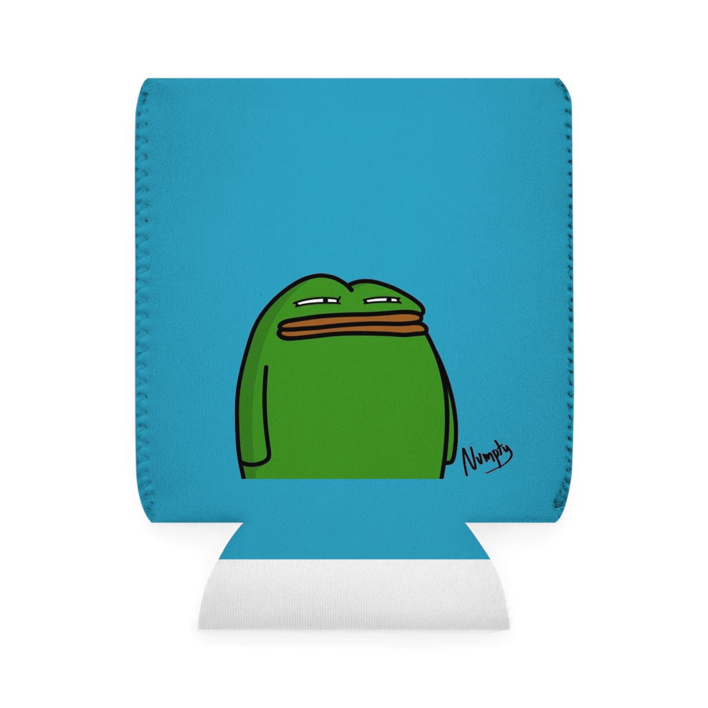 Turquoise Can Cooler Sleeve COQ INU Pepe Portraits 0x420 Black Text Numpty Signature #14 by Numpty