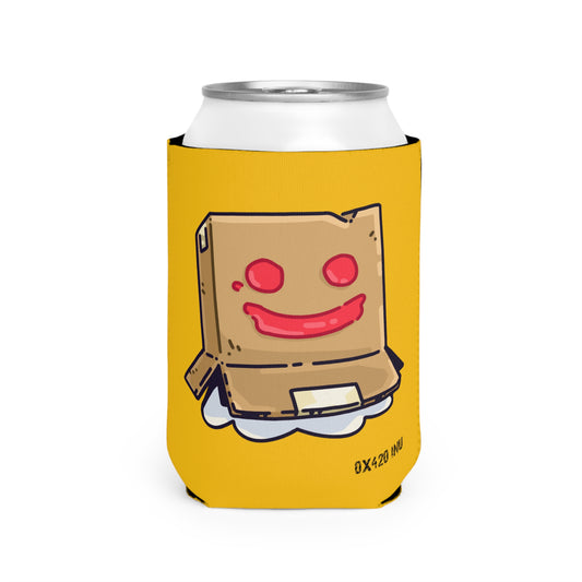 Yellow Can Cooler Sleeve Fan Art COQ INU Box Head 0x420 Black Text by Gravy