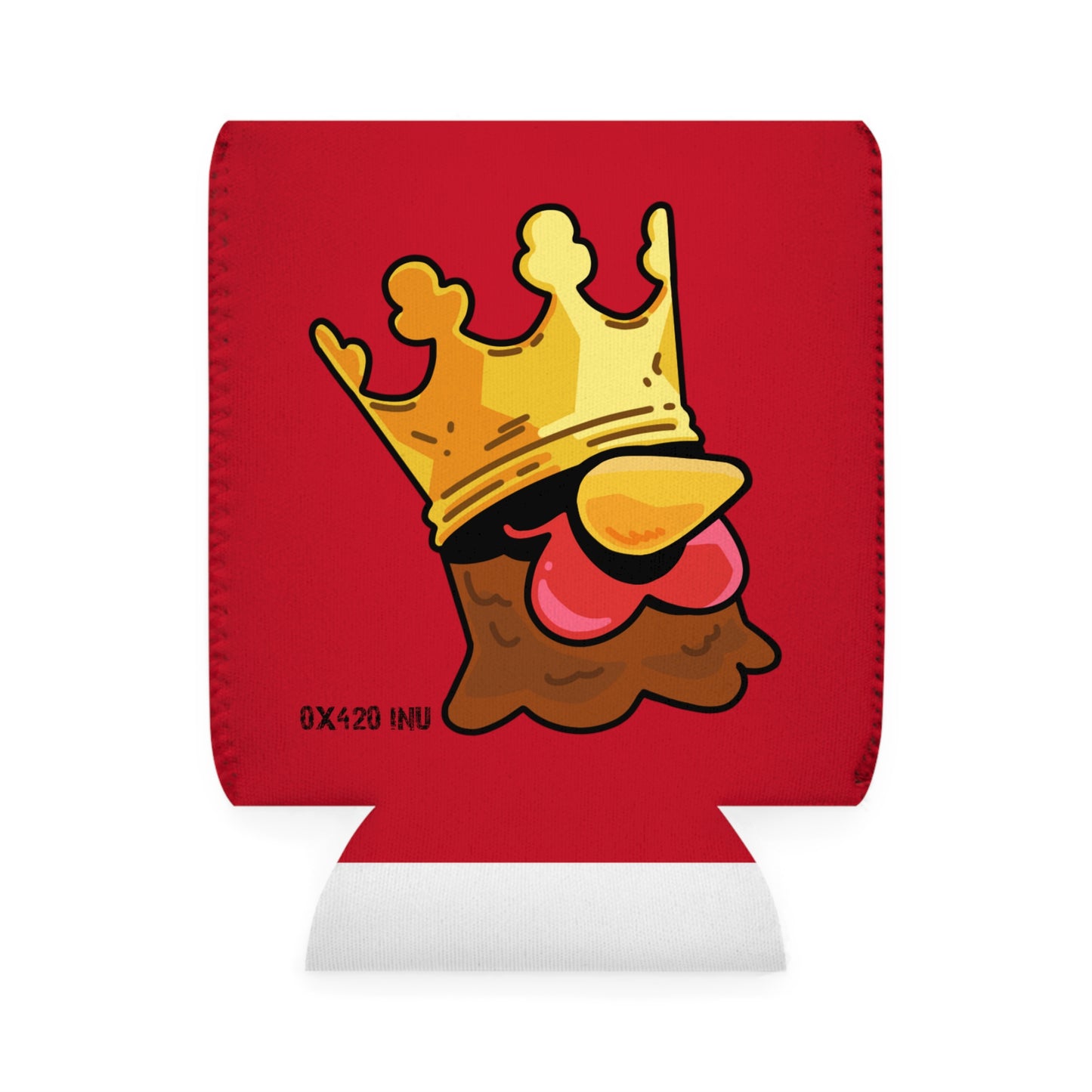 Red Can Cooler Sleeve Fan Art COQ INU Crown Head 0x420 Black Text by Gravy