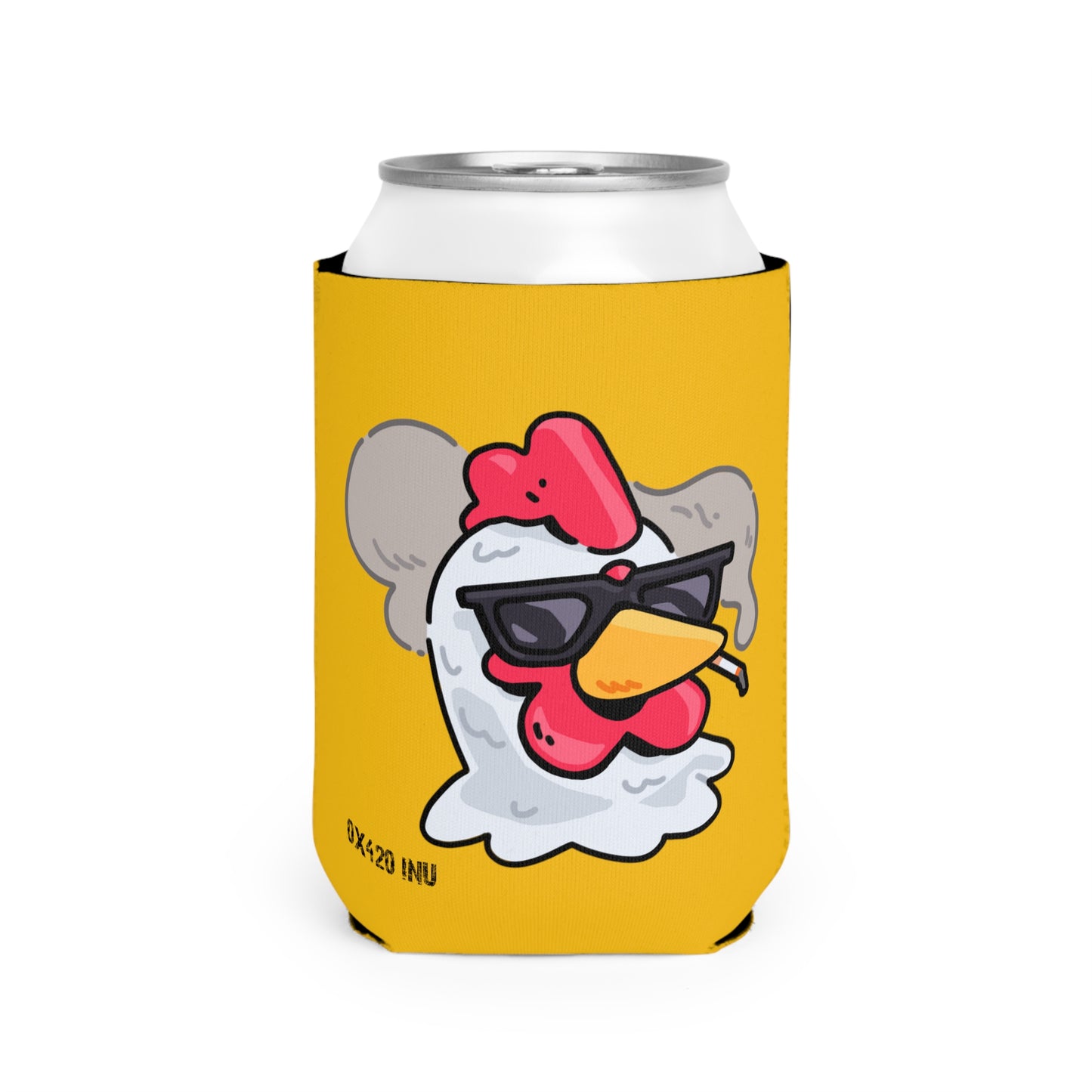 Yellow Can Cooler Sleeve Fan Art COQ INU Smoking Head 0x420 Black Text by Gravy