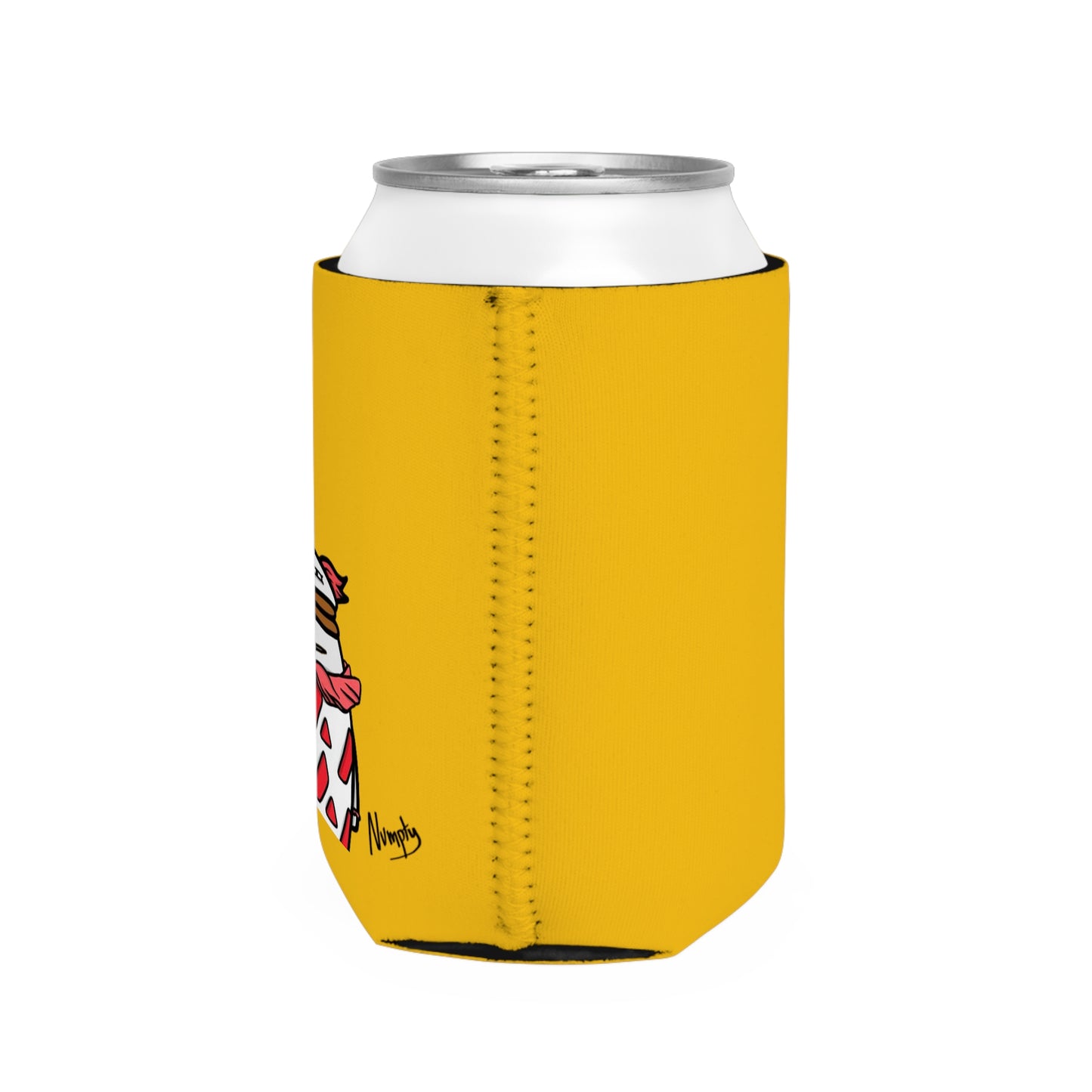 Yellow Can Cooler Sleeve COQ INU Pepe Portraits 0x420 Black Text Numpty Signature #Clown by Numpty