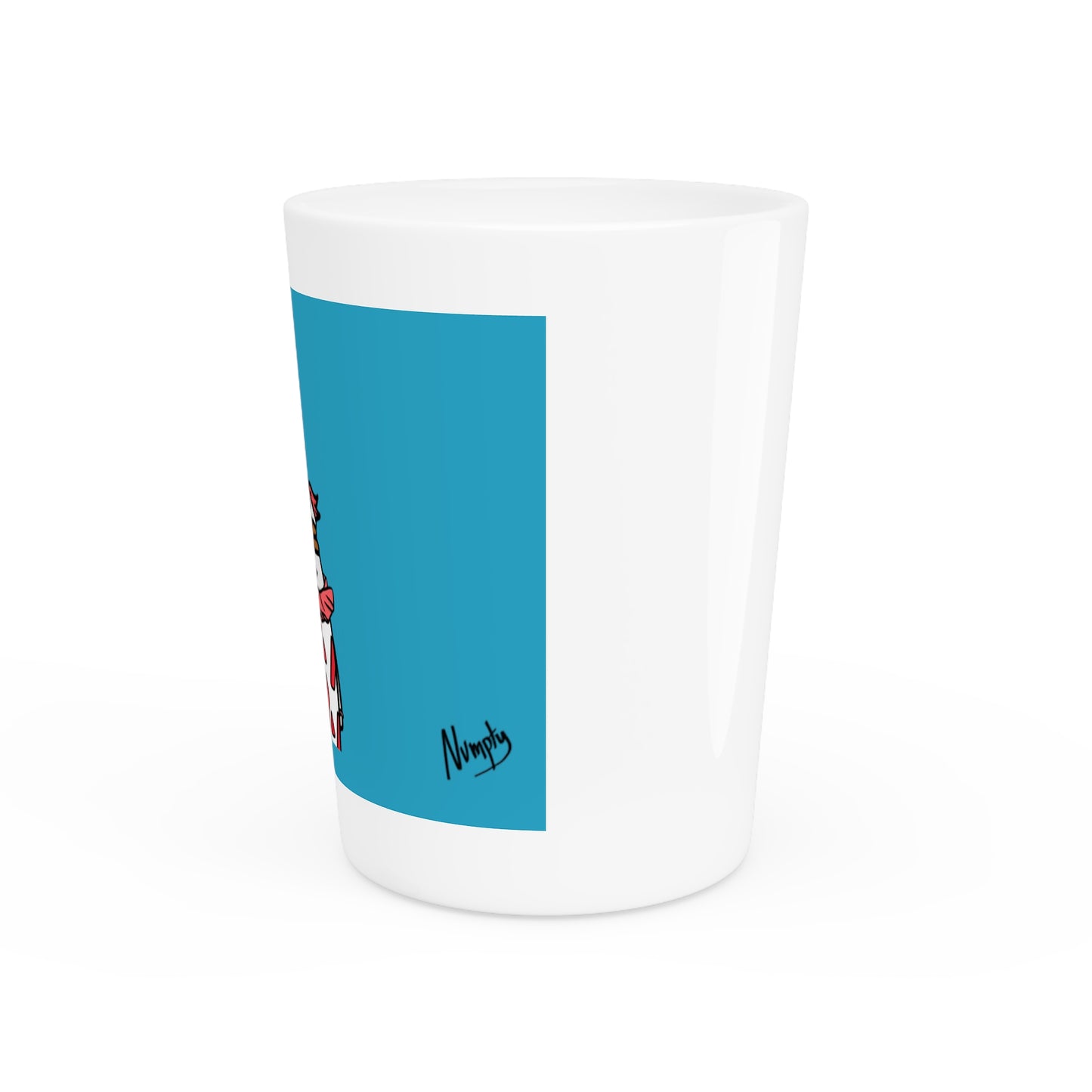 Pepe Portraits Shot Glass on Turquoise background with Black Numpty Text as signature (0x420 INU Store) #Clown by Numpty