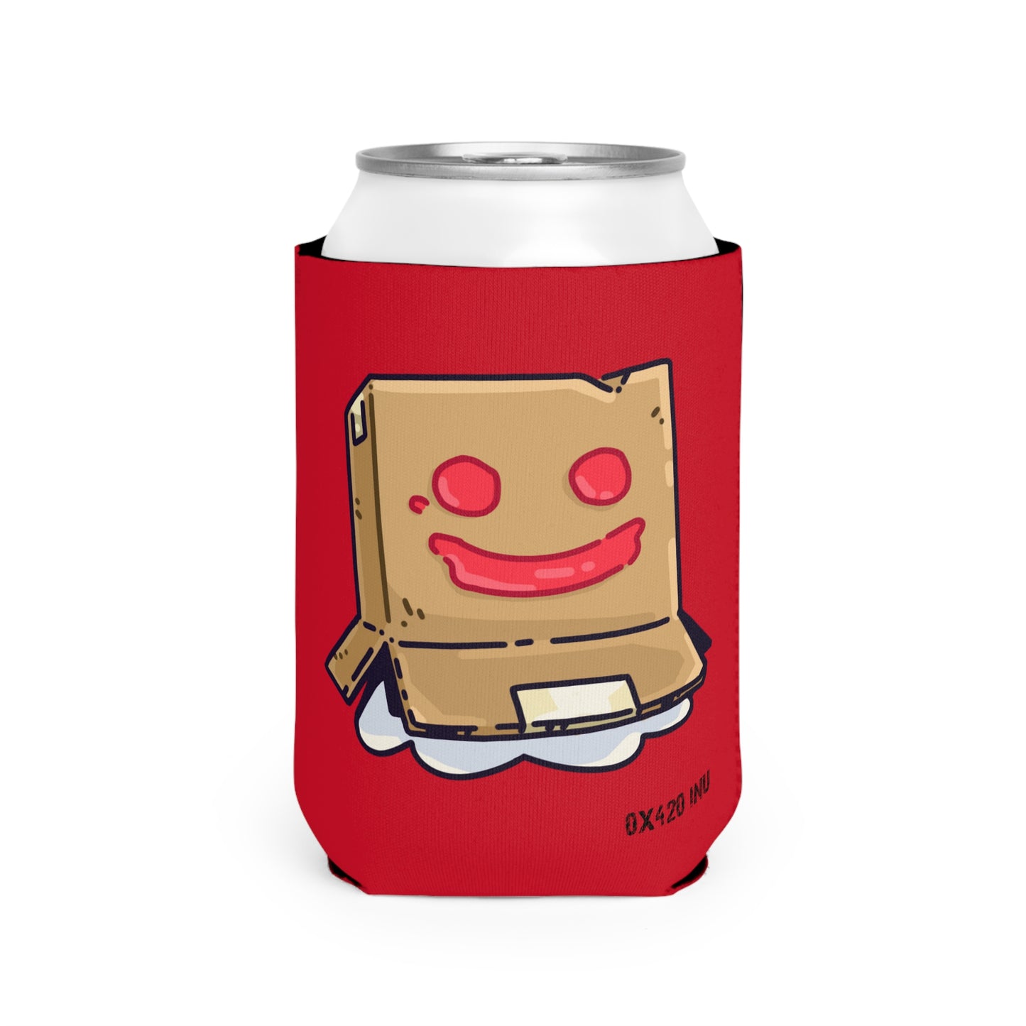 Red Can Cooler Sleeve Fan Art COQ INU Box Head 0x420 Black Text by Gravy