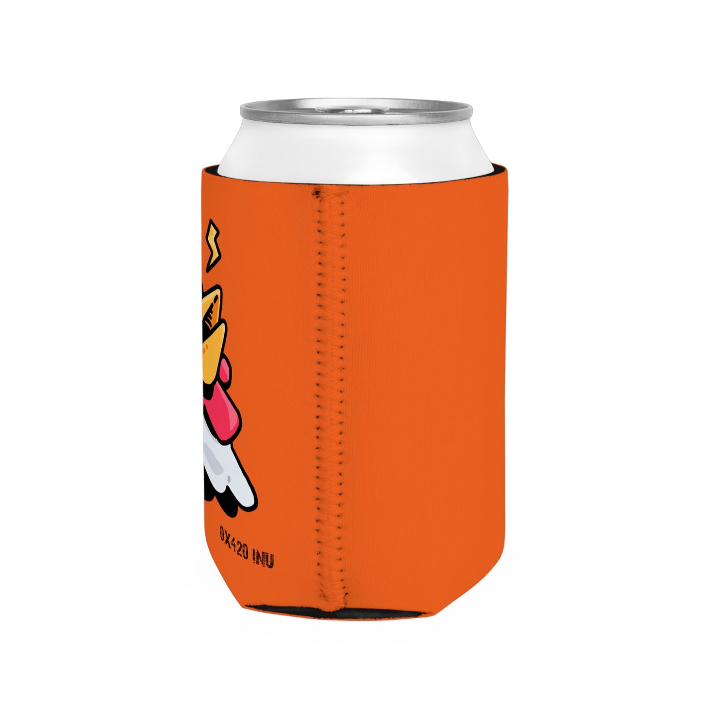 Orange Can Cooler Sleeve Fan Art COQ INU Whistle Head 0x420 Black Text by Gravy